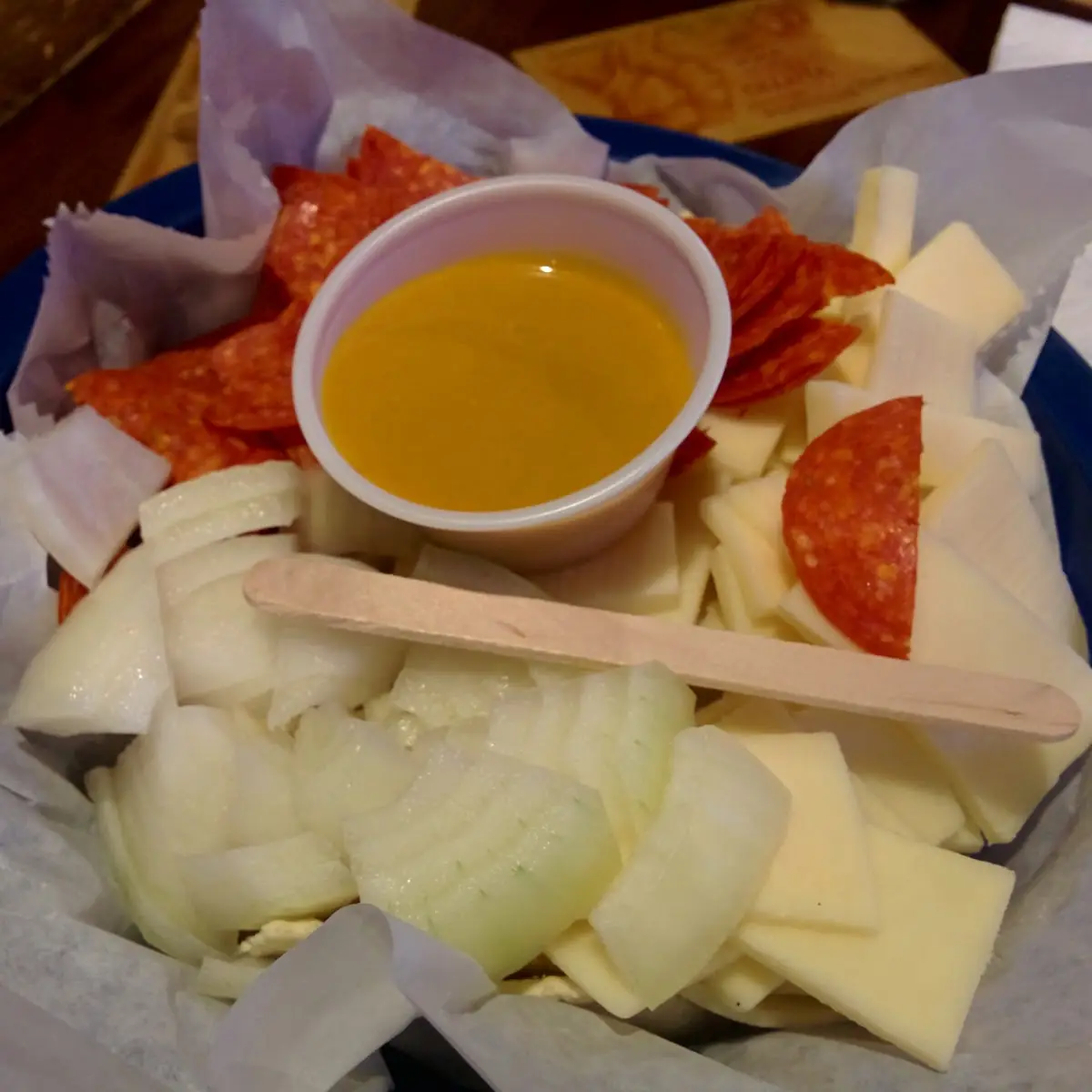 Cheese and Crackers with Pepperoni and Onions with Hot Mustard