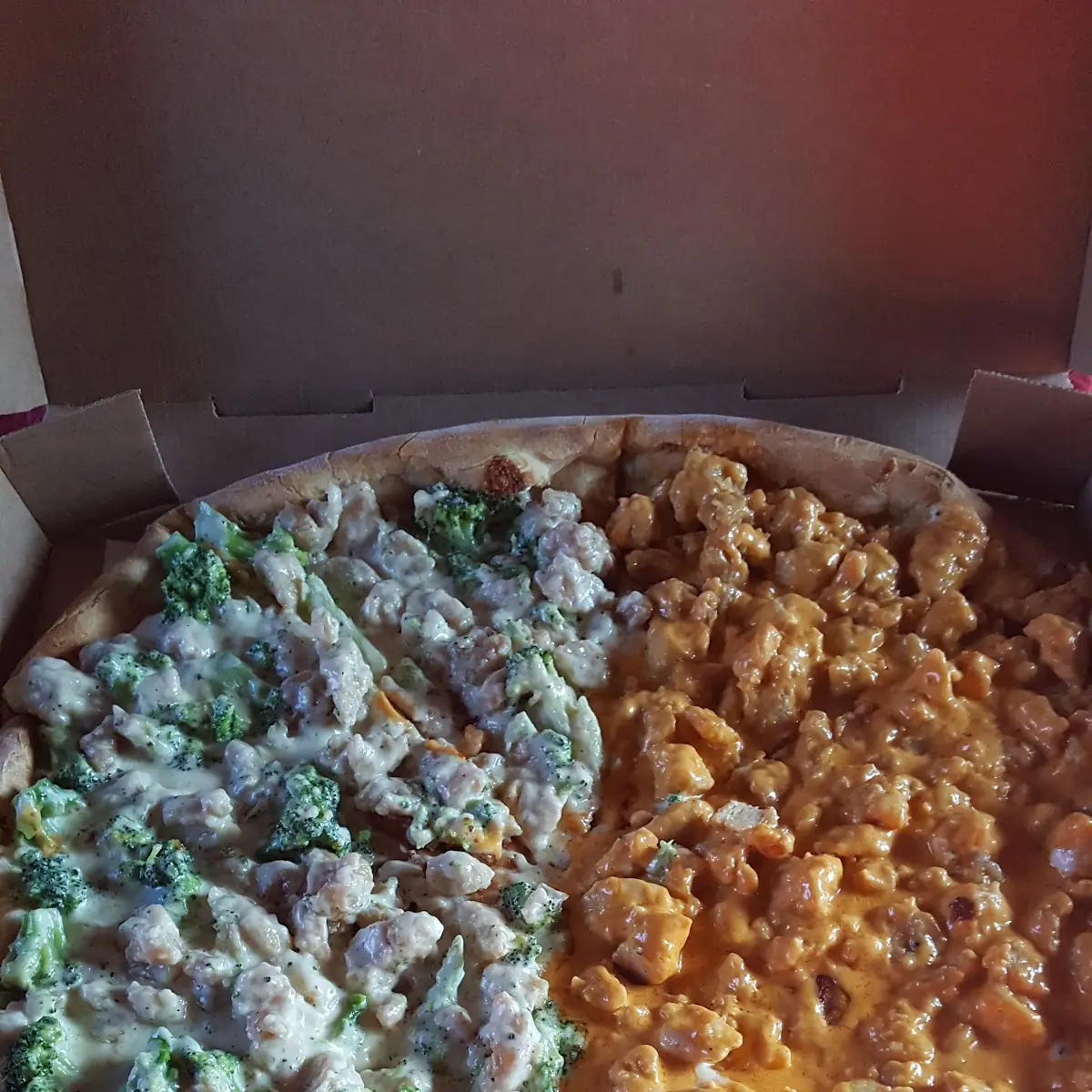 Broccoli & Chicken with Alfredo Sauce and Buffalo Chicken Pizza