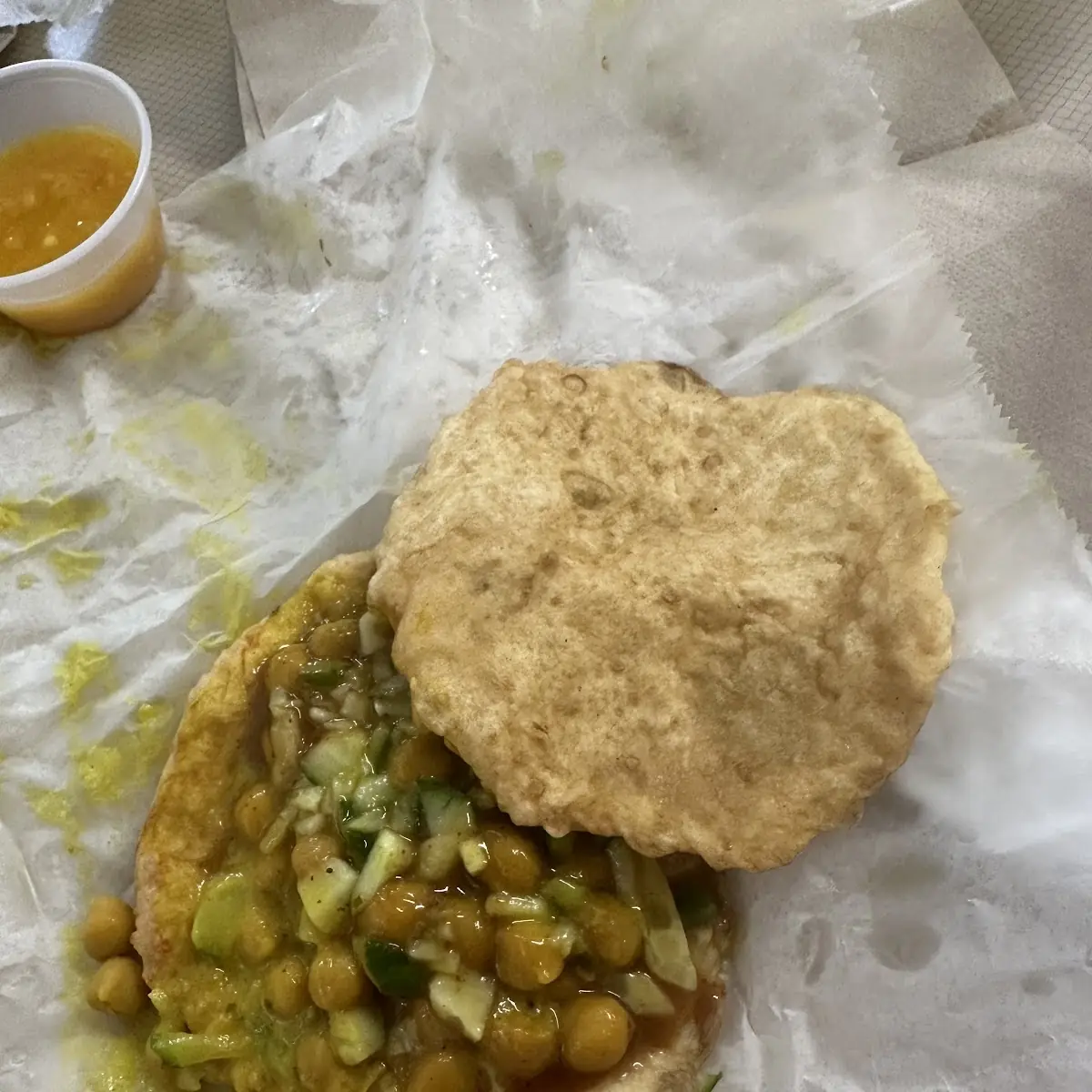 Doubles with Chopped Cucumber & Tamarind Sauce