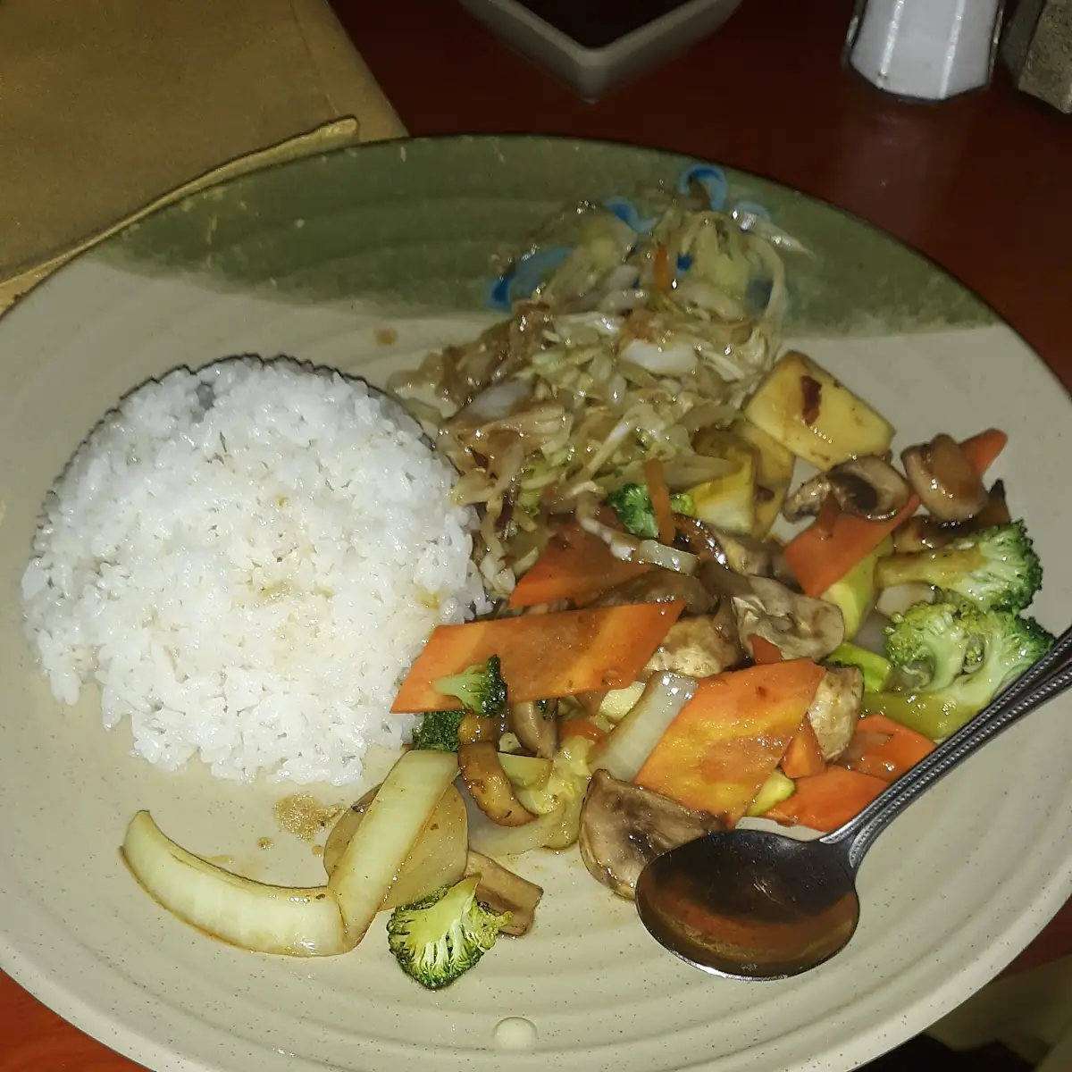 Vegetable Dinner with Steamed Rice and Ginger Sauce