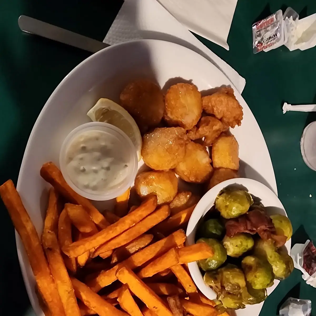 Scallops Maple Brussels Sprouts Sweet Potato Fries