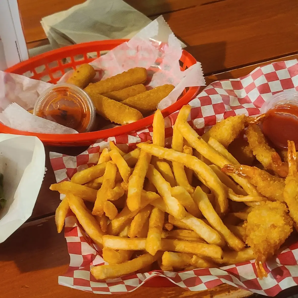 Mushie Burger Mozzarella Sticks Shrimp Basket