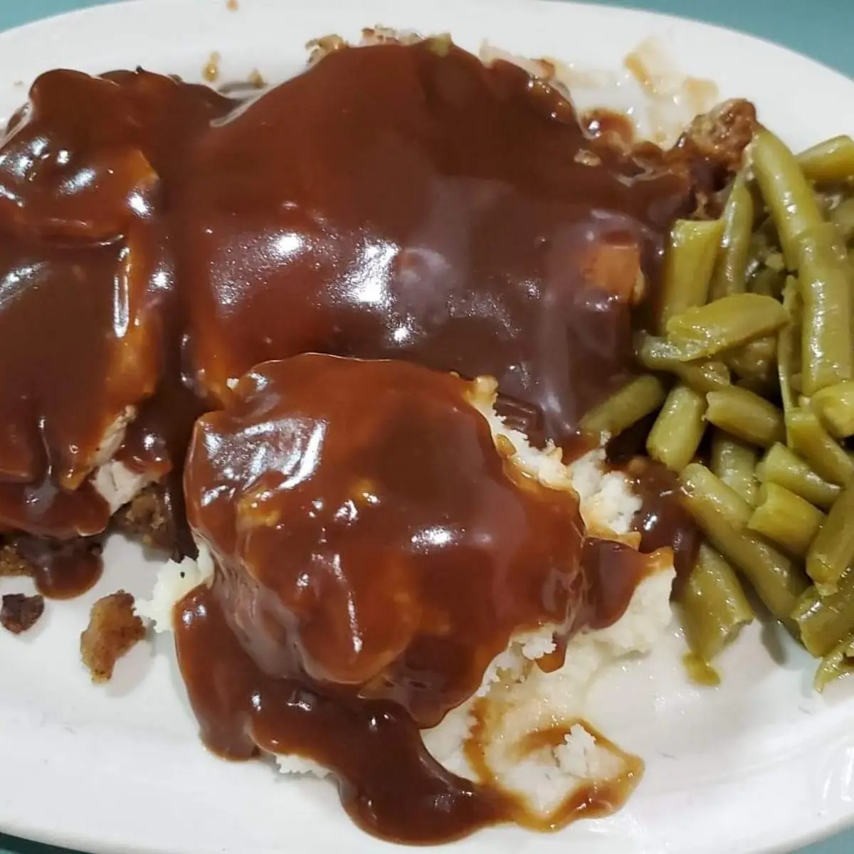 Pork and Dressing with Mashed Potatoes and Green Beans