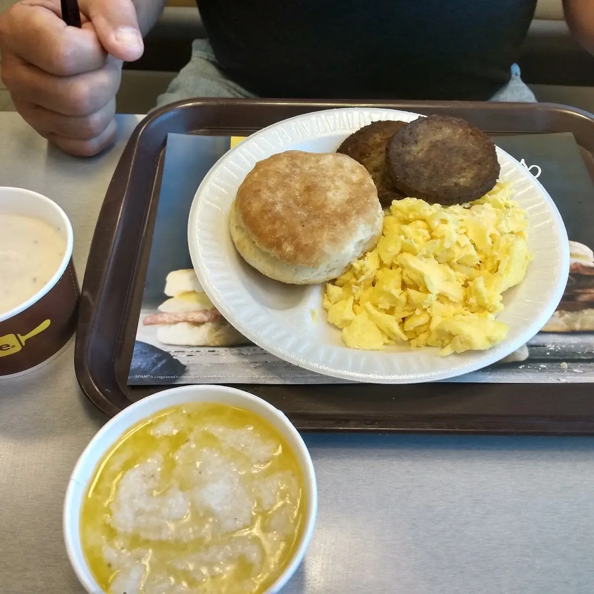 Scrambled Eggs Biscuits and Gravy Hash Brown and Coffee