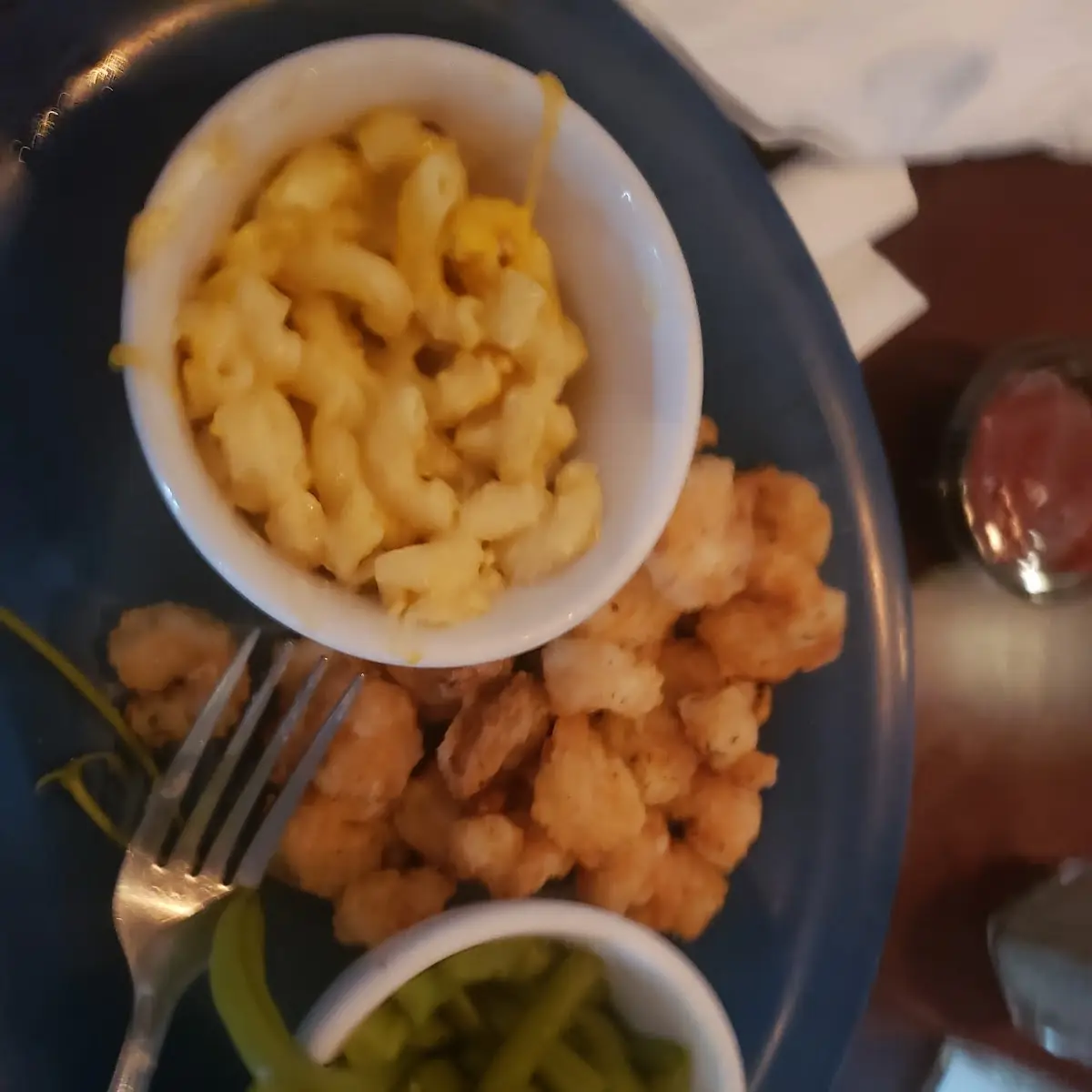 Popcorn Shrimp Mac and Cheese and Green Beans
