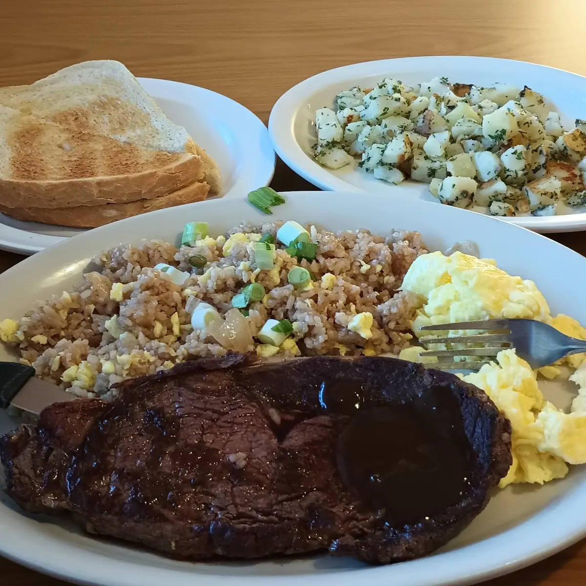 Ribeye Steak and Scrambled Eggs with Fried Rice