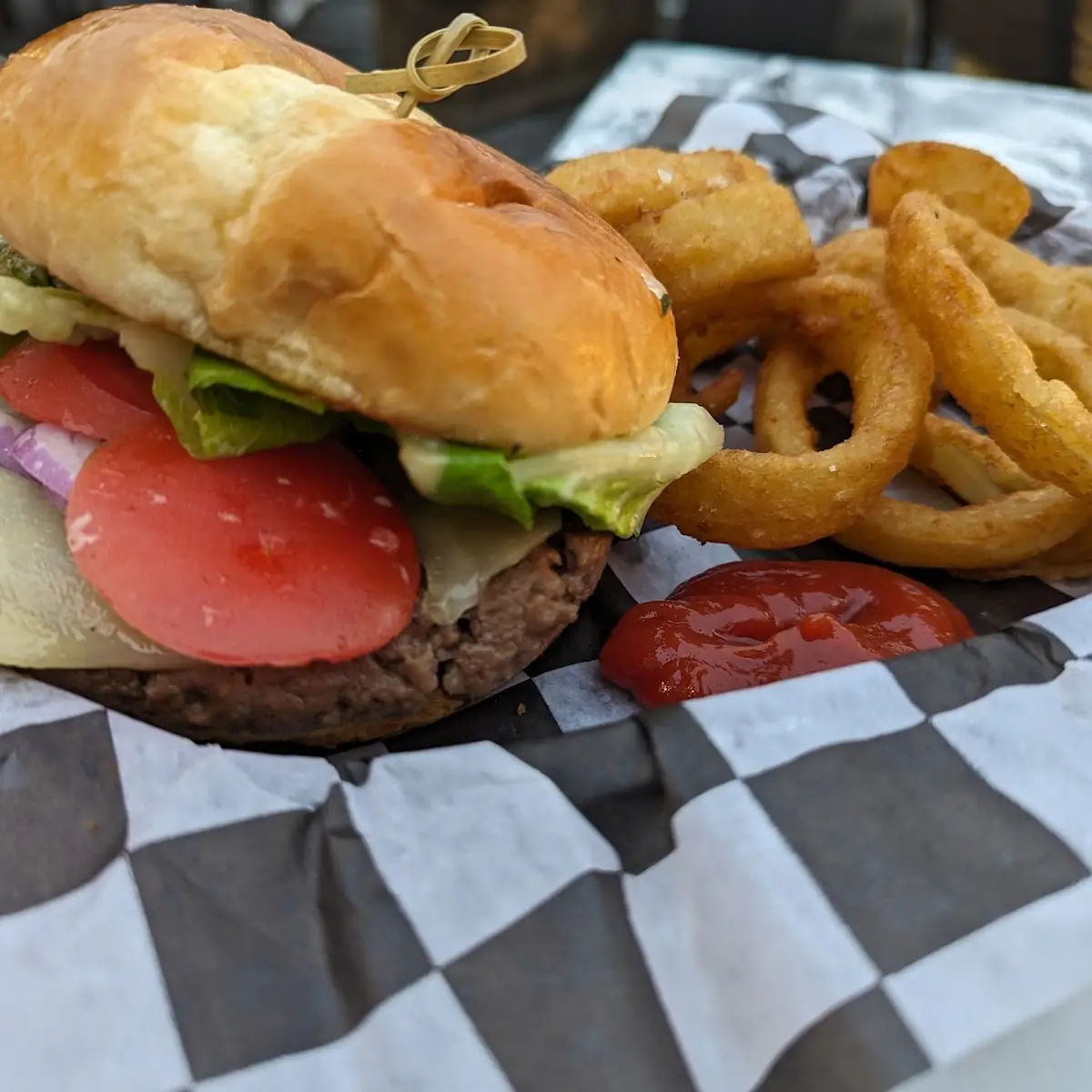 Plant Burger and Onion Rings