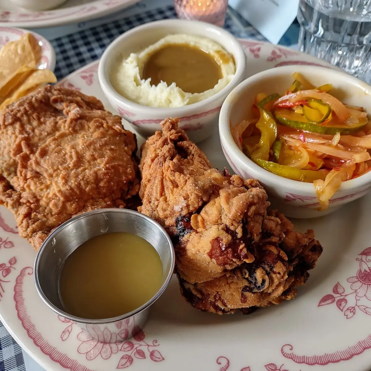 2 Piece Chicken with Mashed Potatoes and Spicy Pickles