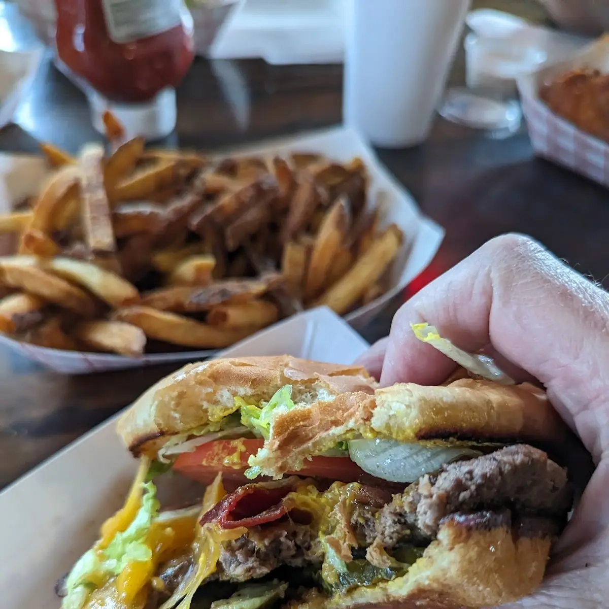 Bacon Cheddar Burger and Fries