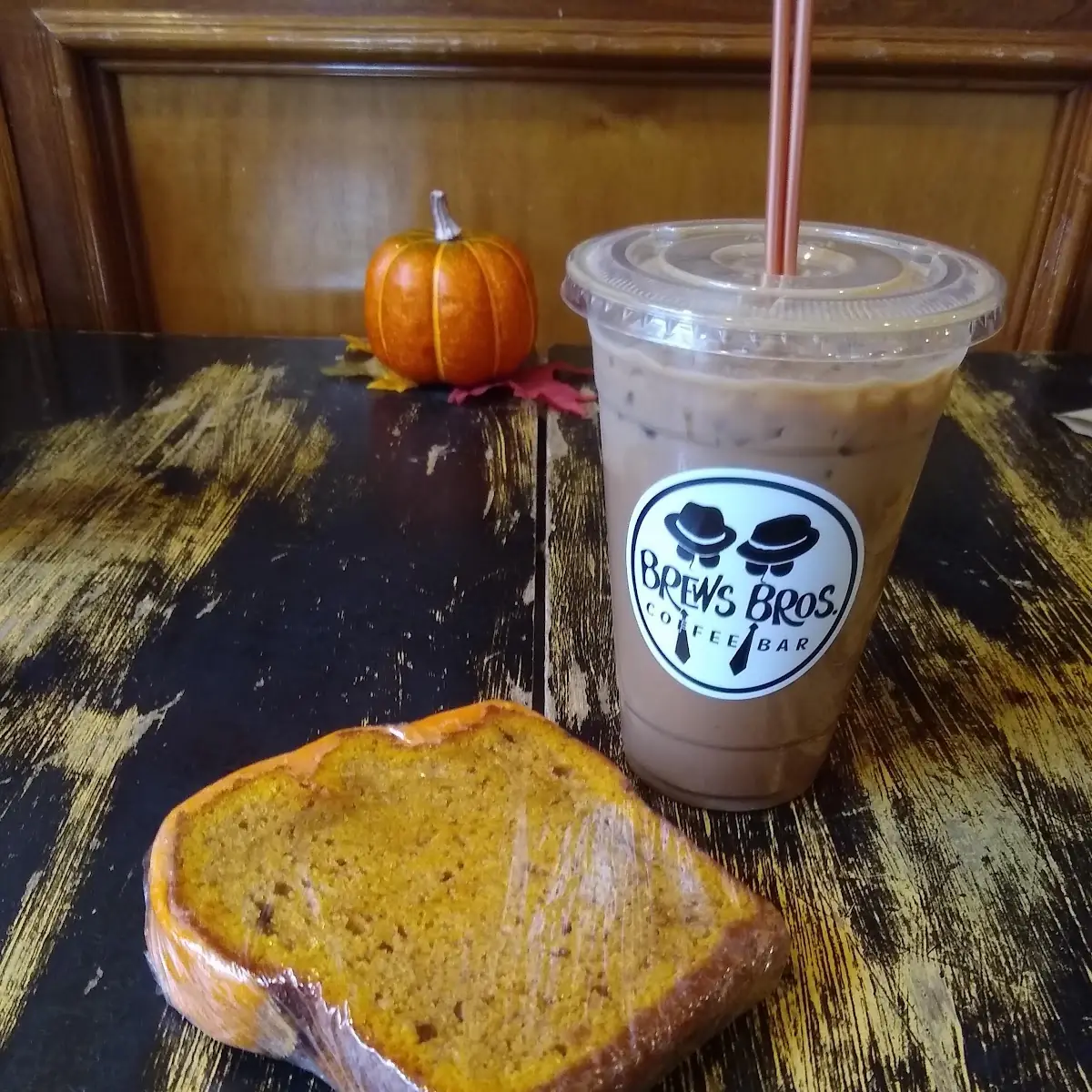 Pumpkin Bread with an Iced Mocha