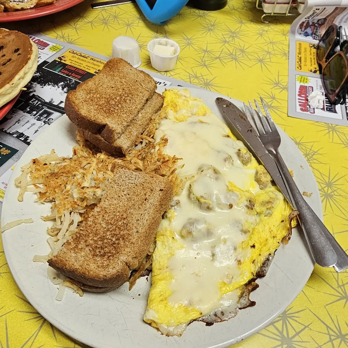 Sausage and Cheese Omelette with Mozzarella Cheese and Wheat Toast and Hashbrowns
