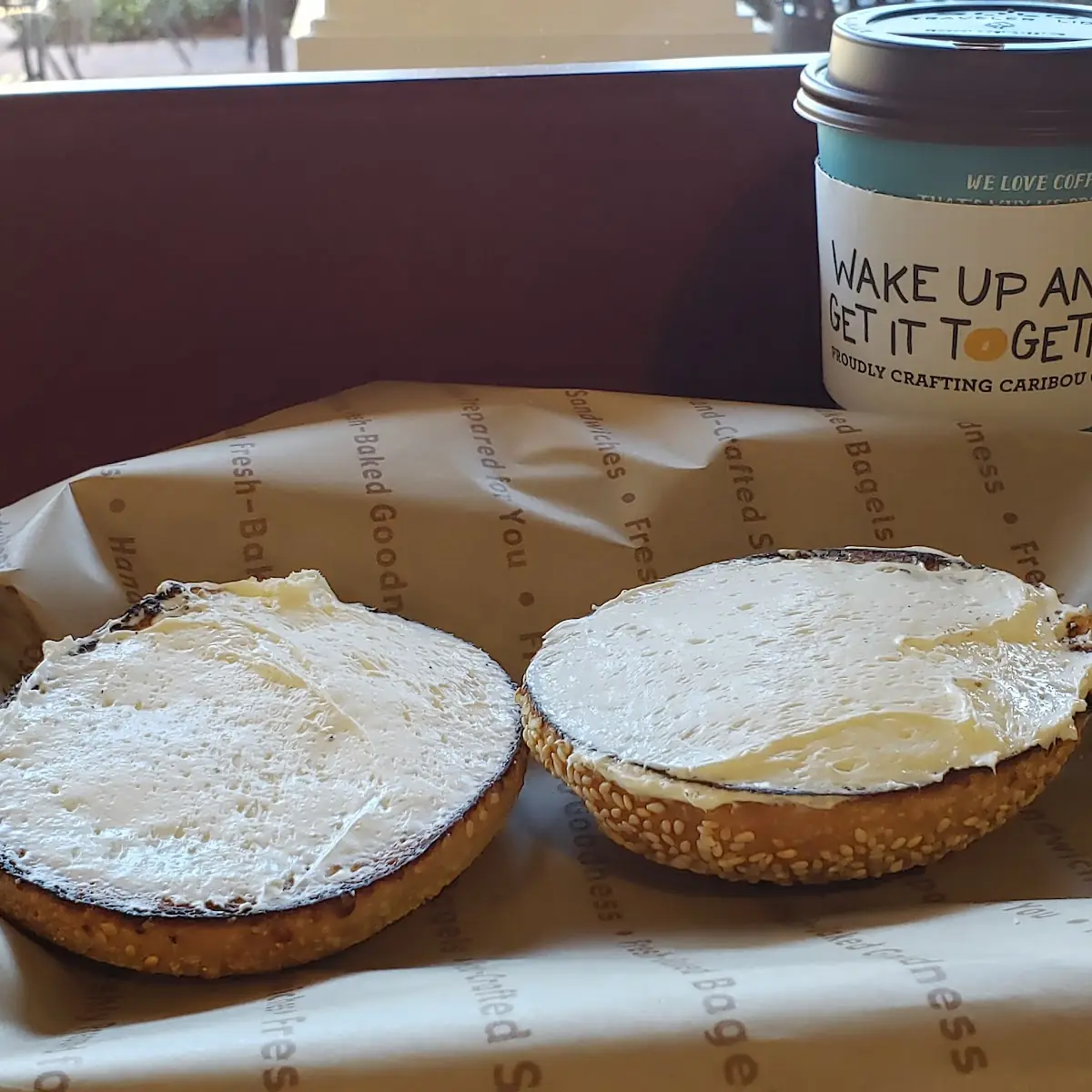 Toasted Sesame Bagel with Shmear and Coffee