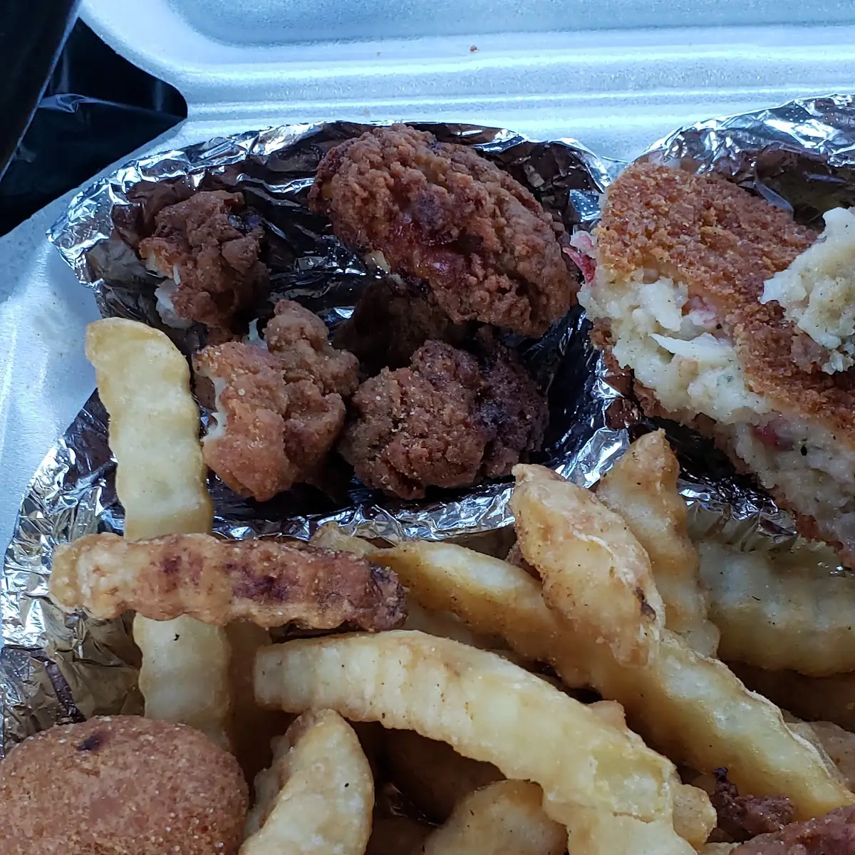 Oysters Crab Cakes and Fries