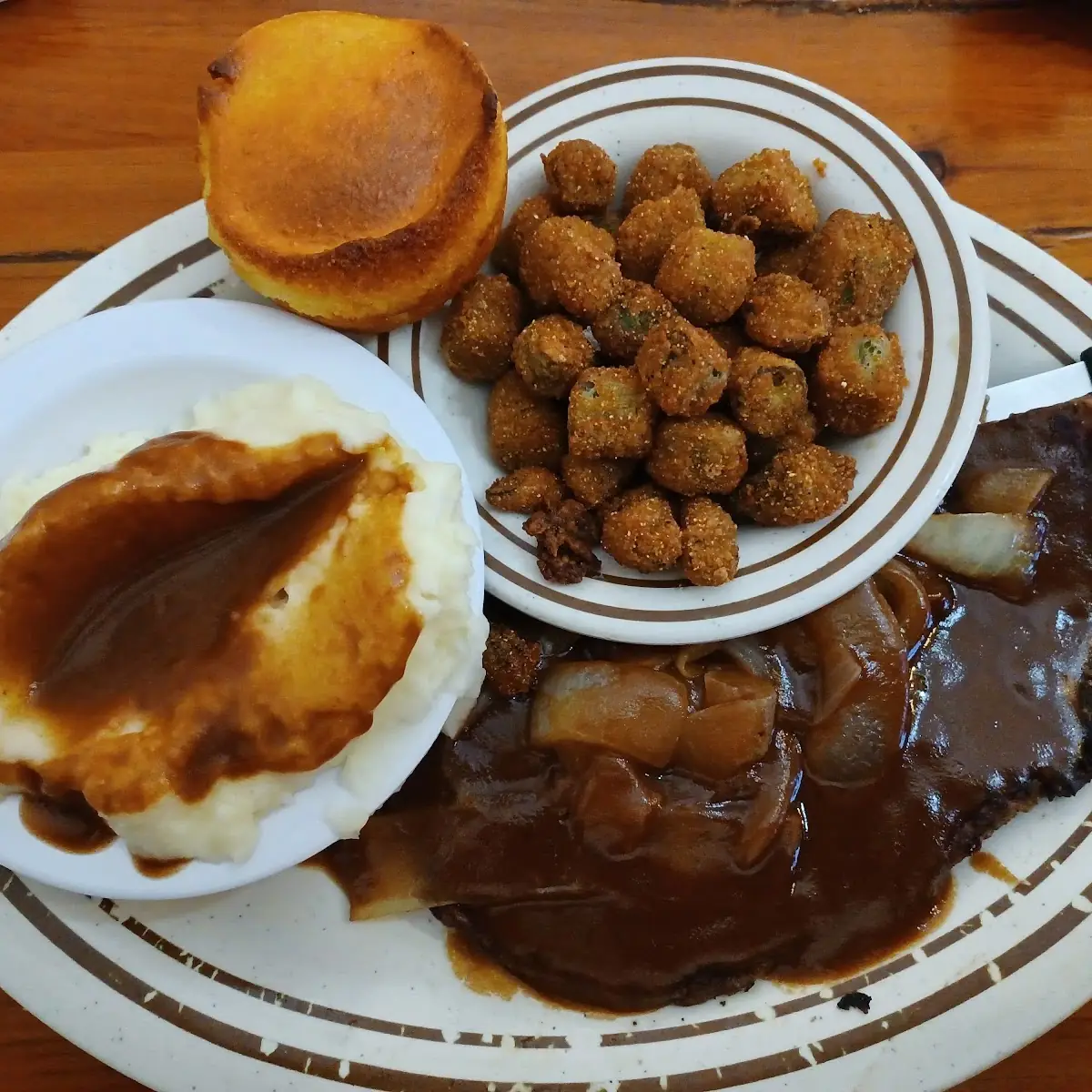 Beef Liver Onions Heavy Mashed Potatoes and Fried Okra