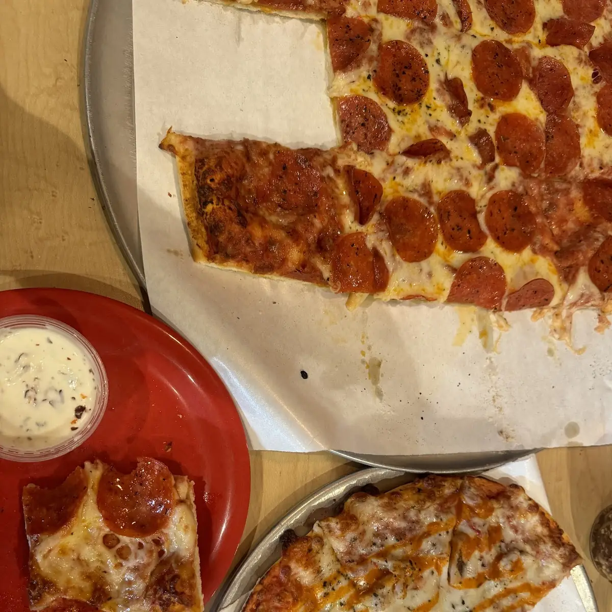 Pepperoni Pizza and Buffalo Chicken Pizza