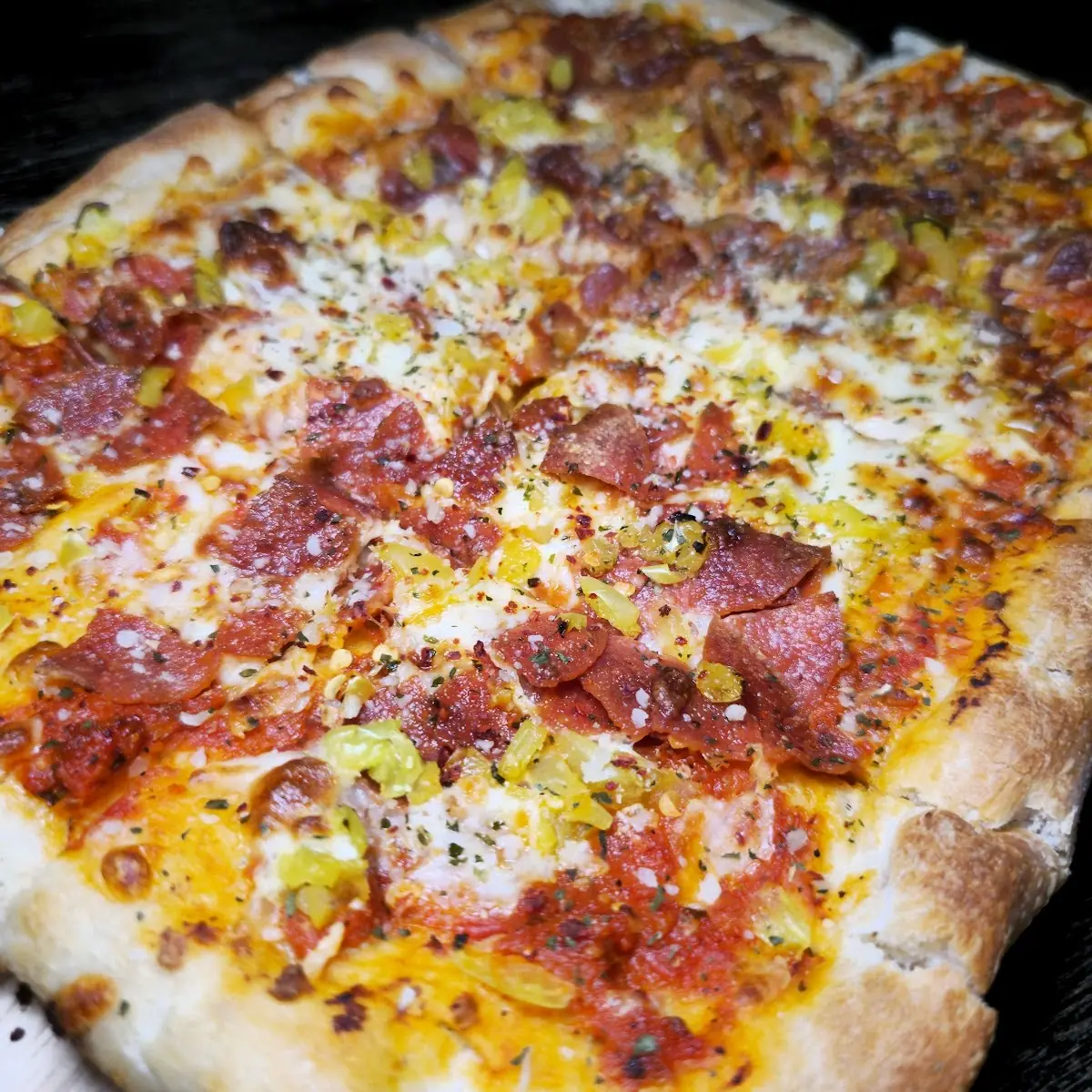 Pizza with Bacon Pepperoni and Banana Peppers