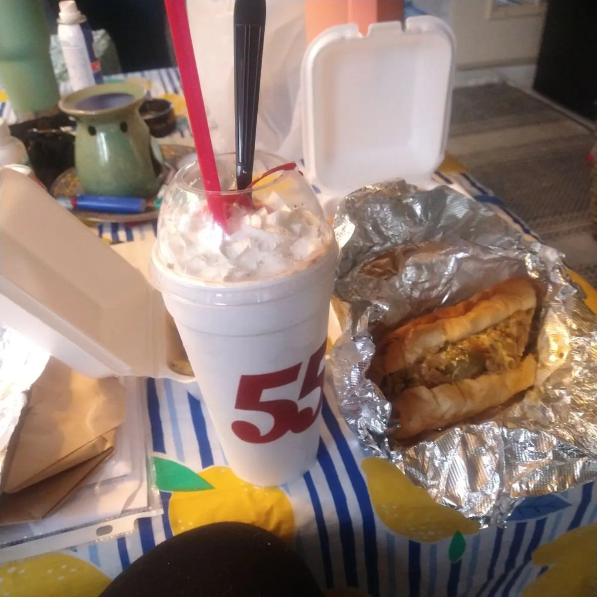 Chocolate Strawberry Shake and Cheese Steak Sandwich