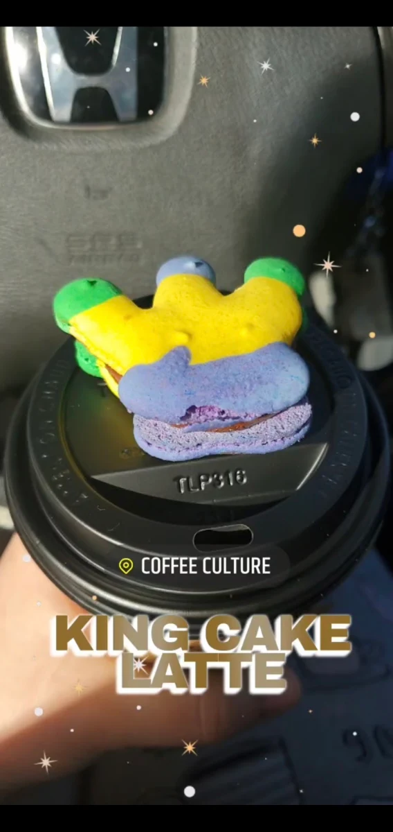 King Cake Latte and Mardi Gras Macaroon
