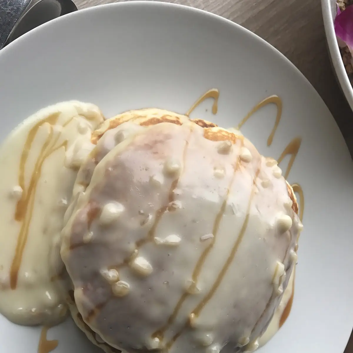Buttermilk Pancakes with Macadamia Nut-Vanilla Sauce