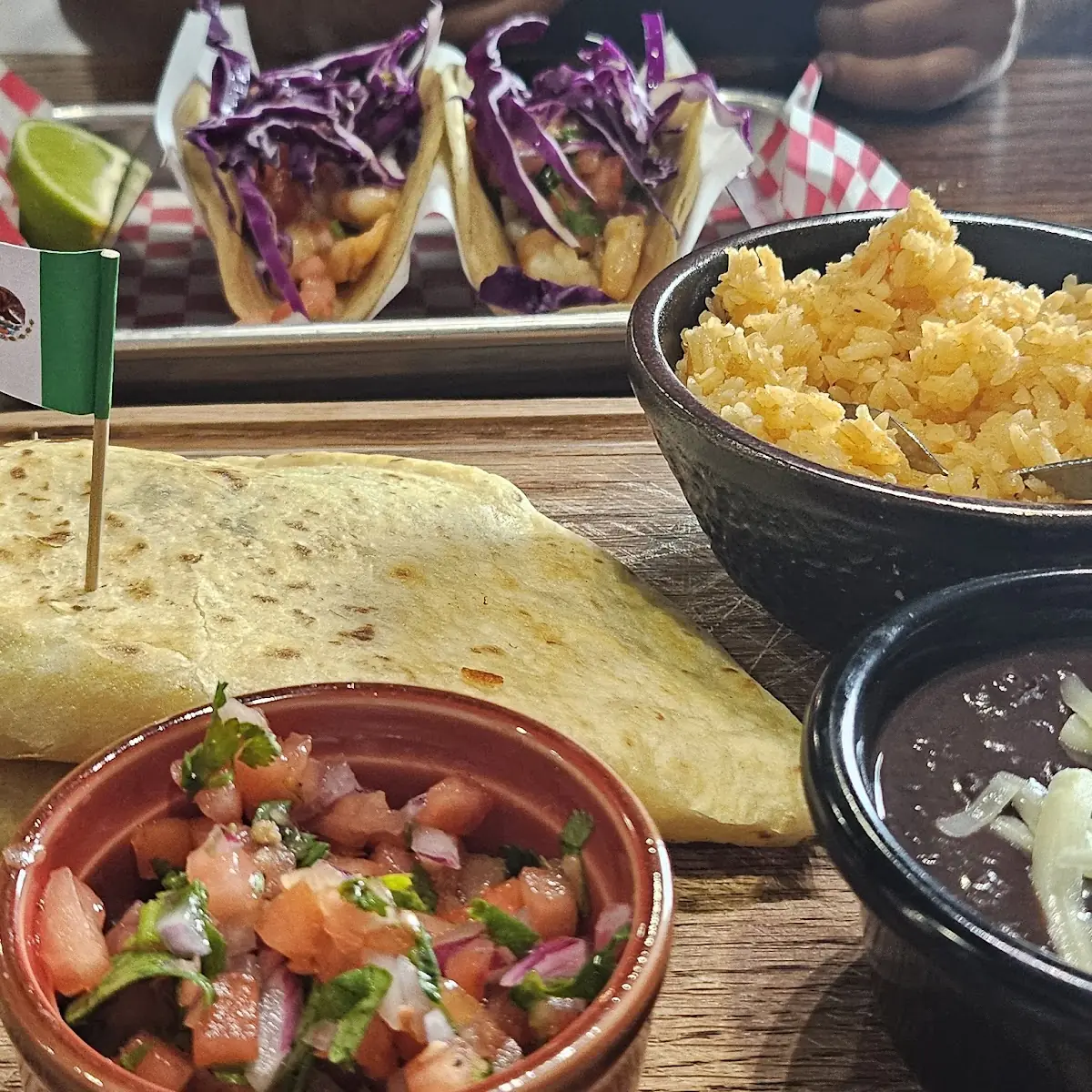Vegeterian Quesdilla and Shrimp Tacos