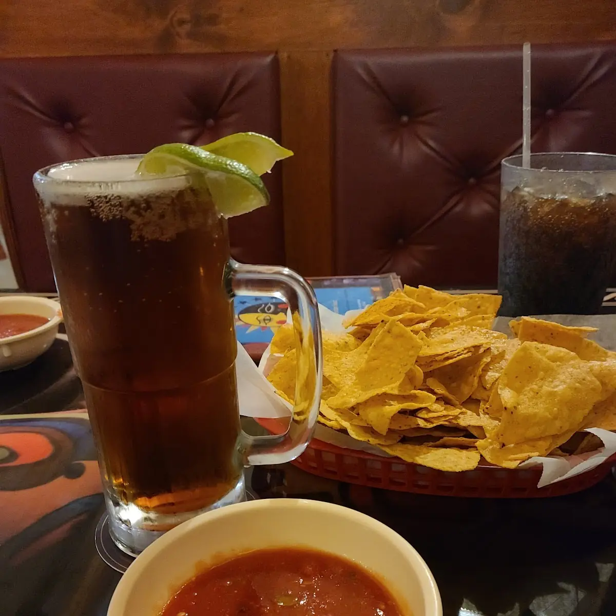 Chips and Salsa and Dos Equis Lager on Draft and a Root Beer