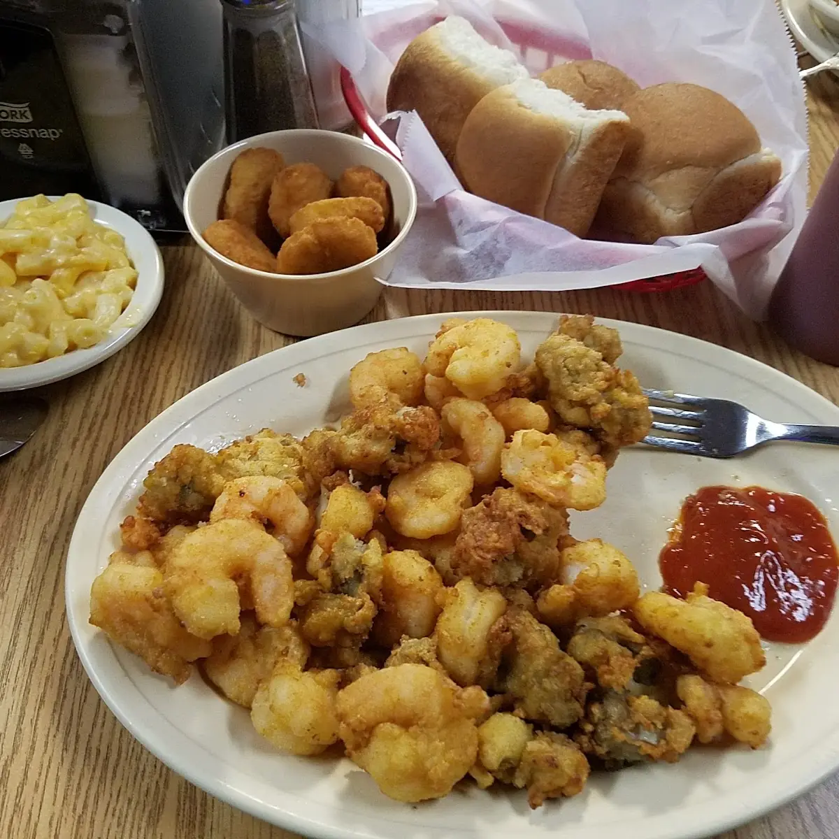 Shrimp and Oysters with Fried Squash and Mac and Cheese Sides