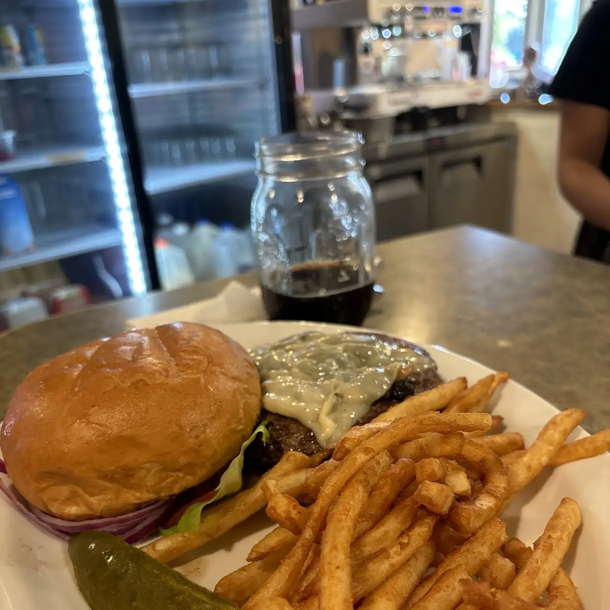 Mushroom Swiss Burger and Fries