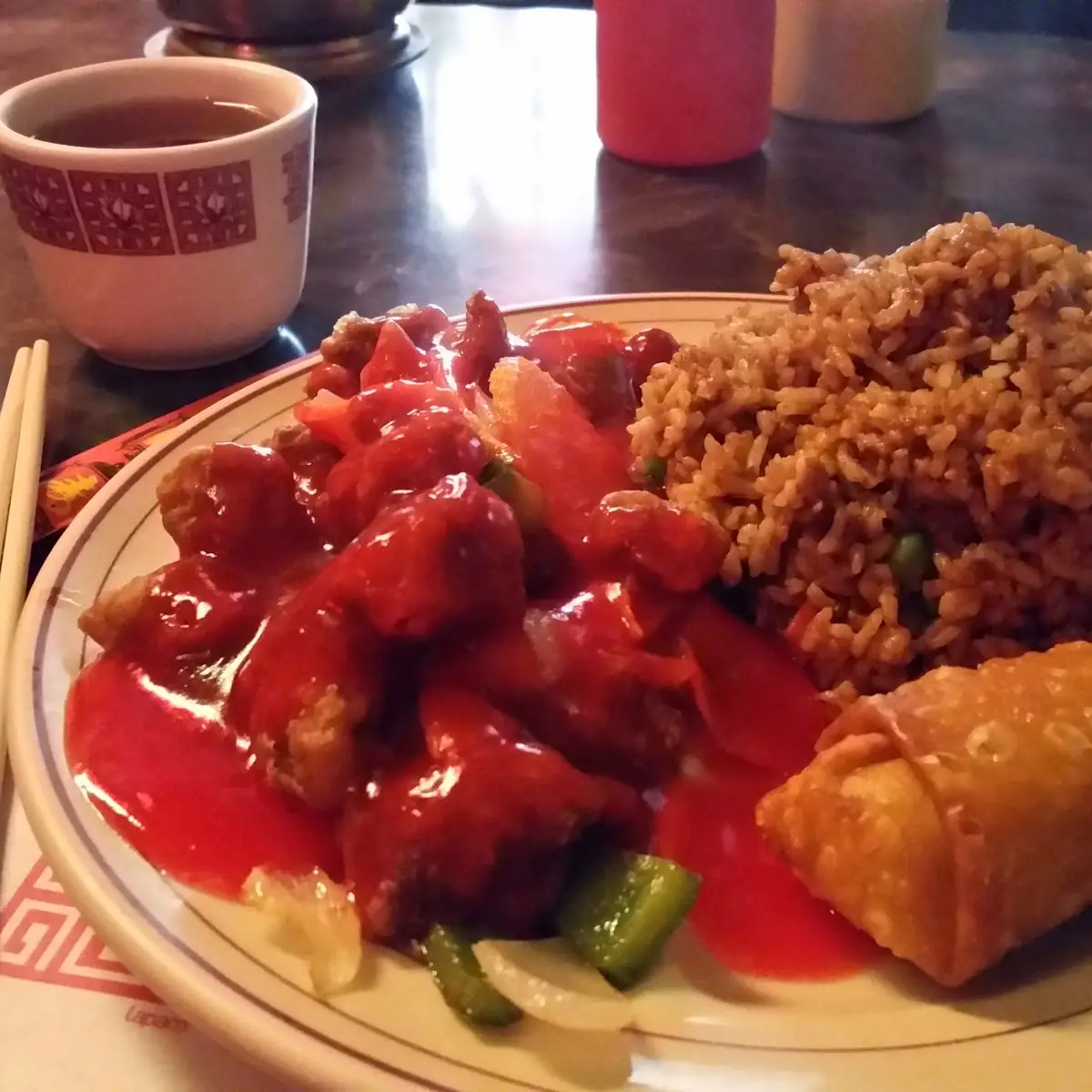 Sweet and Sour Pork with Fried Rice and Egg Rolls