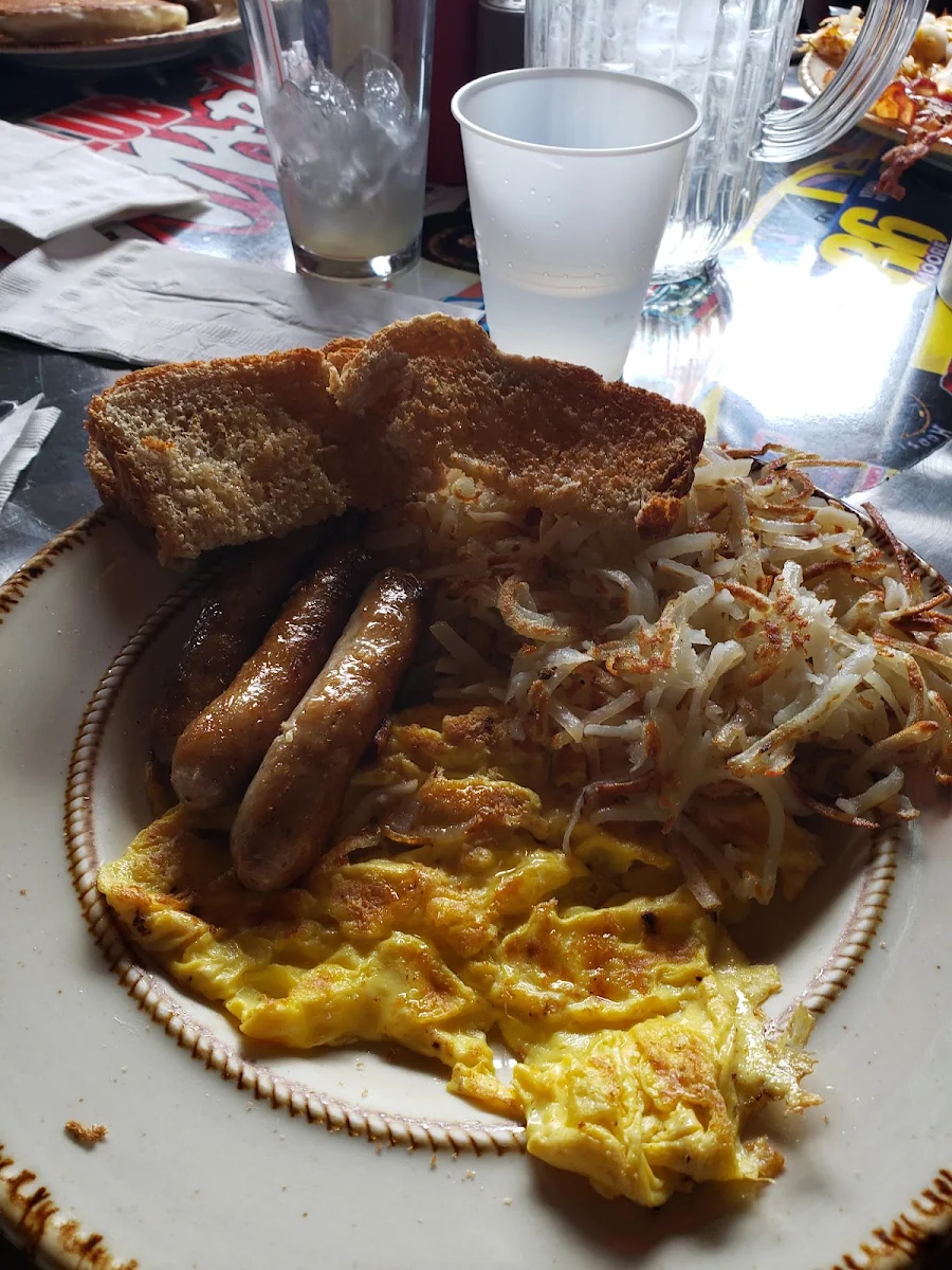 Toast Scrambled Eggs Hashbrowns and Sausage Links