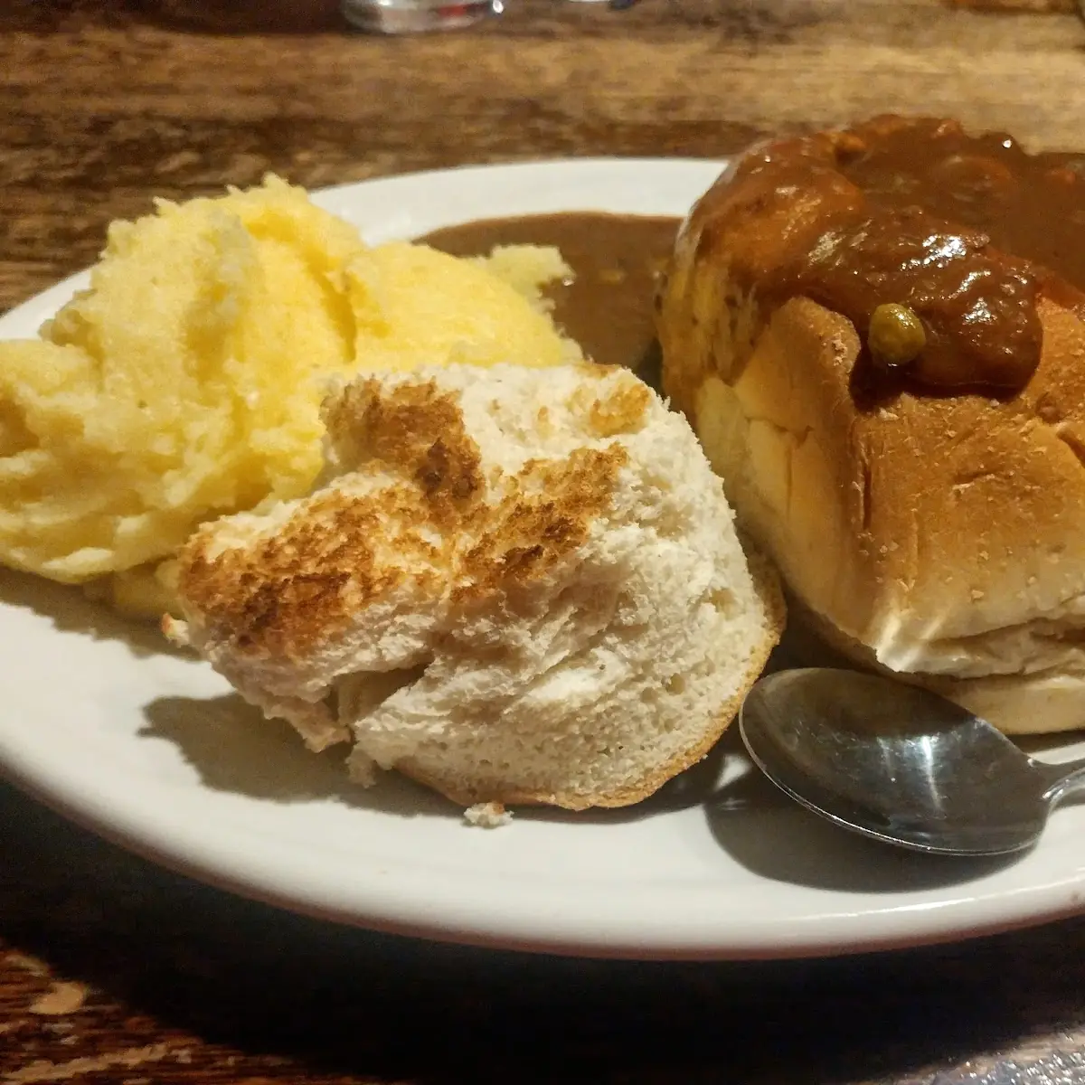 Beef Stew in a Bread Bowl with Mashed Potatoes