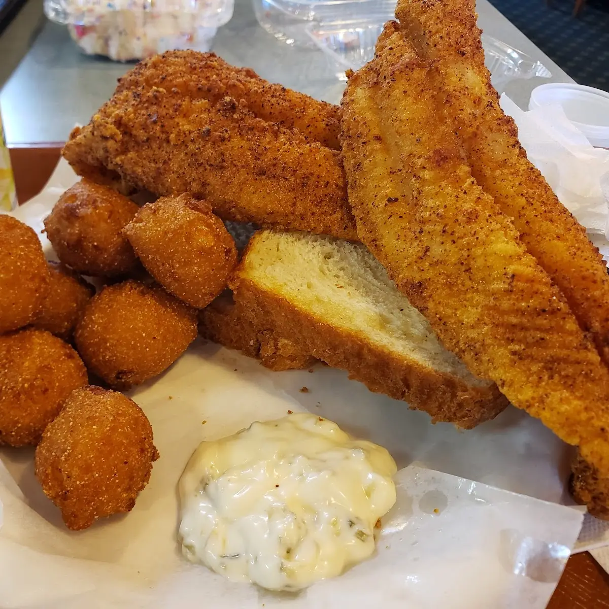 Catfish Sandwich and Hushpuppies