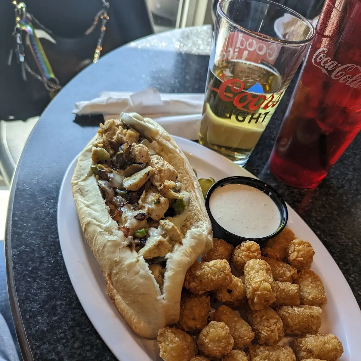 Chicken Philly Sandwich and Tots