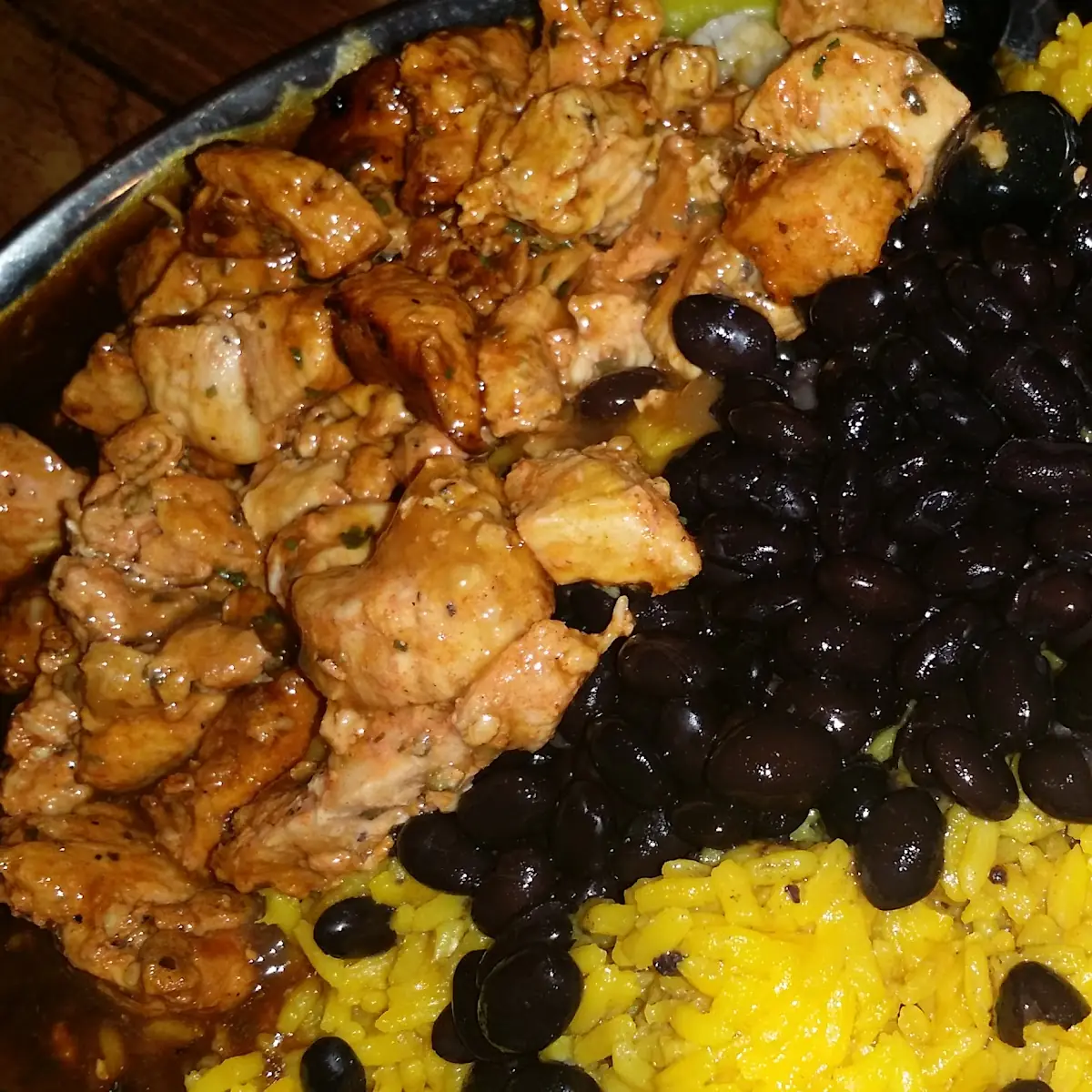 Cubed Chicken with Yellow Rice and Beans