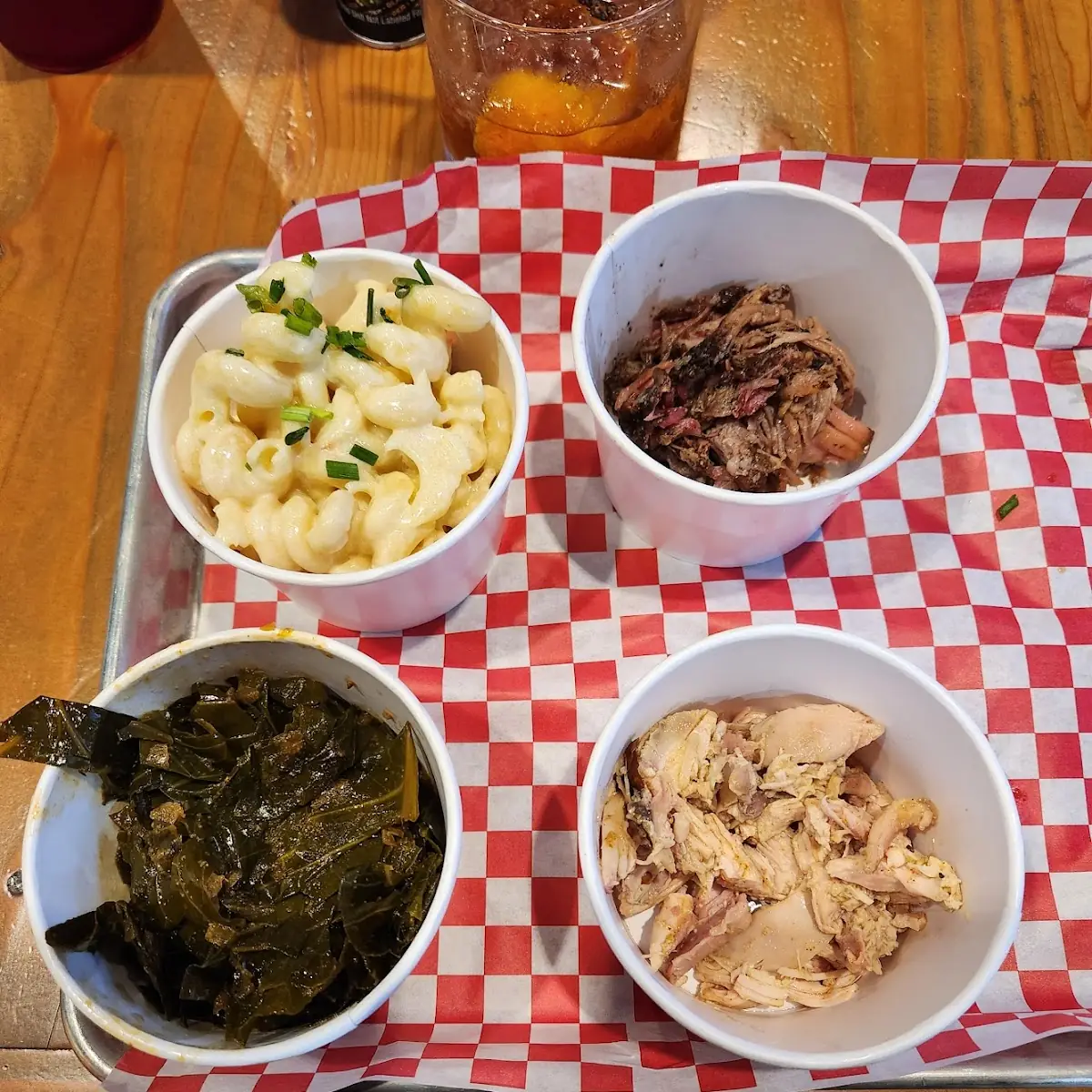 Mac and Cheese Pulled Pork Chopped Chicken Collard Greens