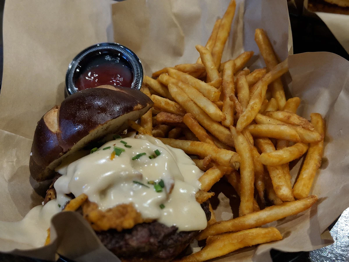 Beer Cheese Burger on a Pretzel Bun