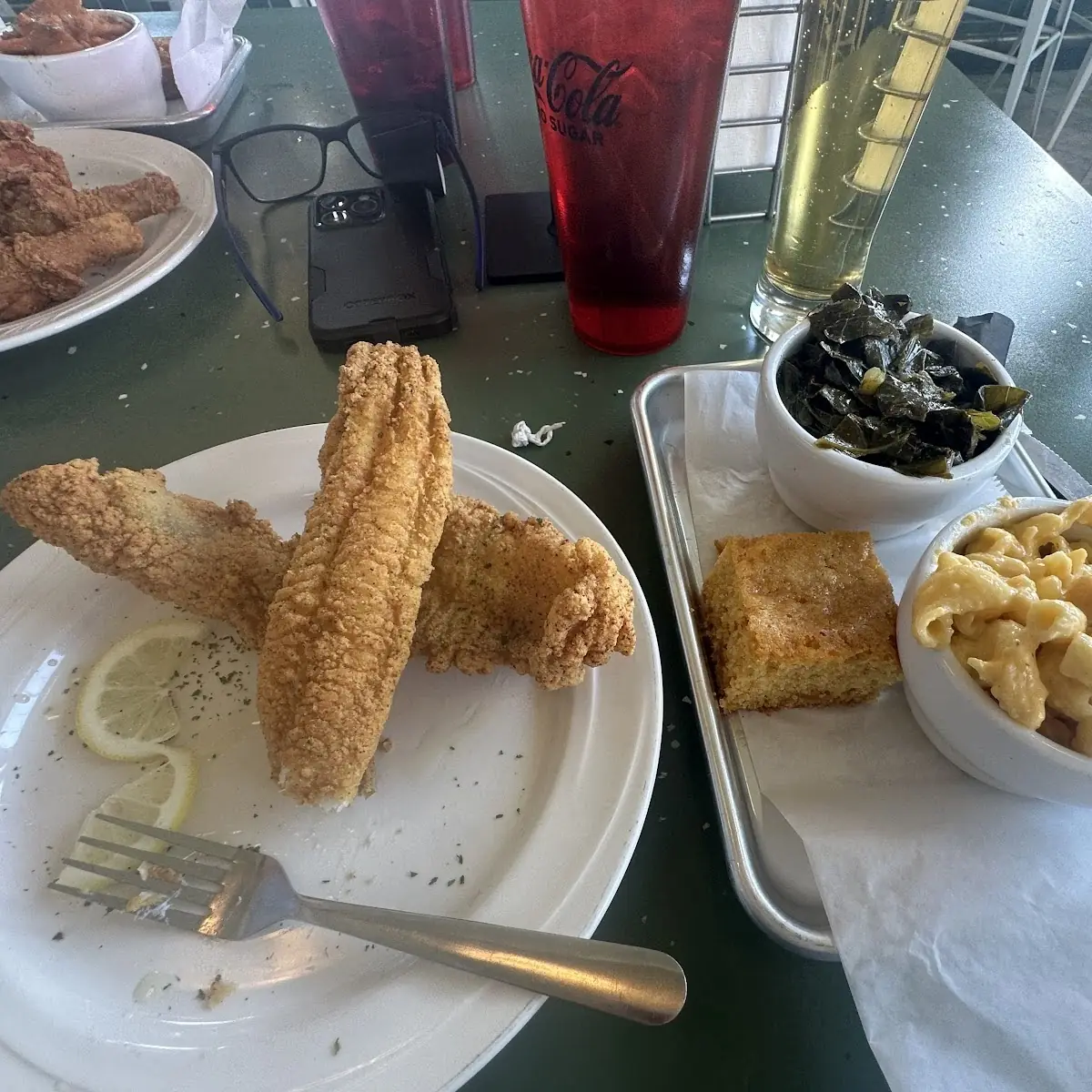 Fried Seafood Platter and Collard Greens