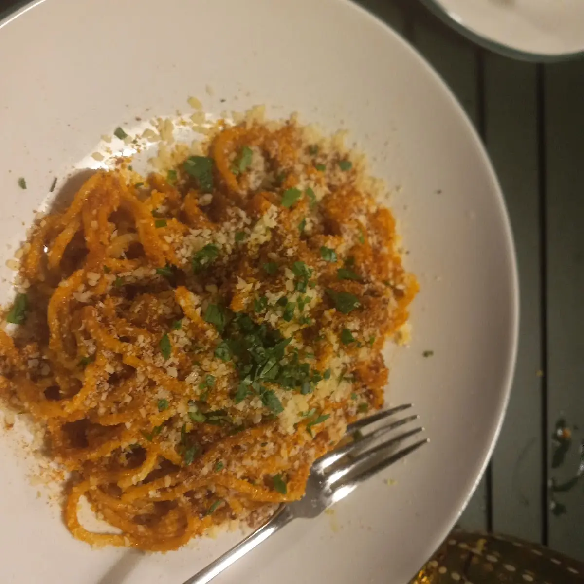 Spaghetti Bolognese with Herb and Lemon Breadcrumbs and Permesan