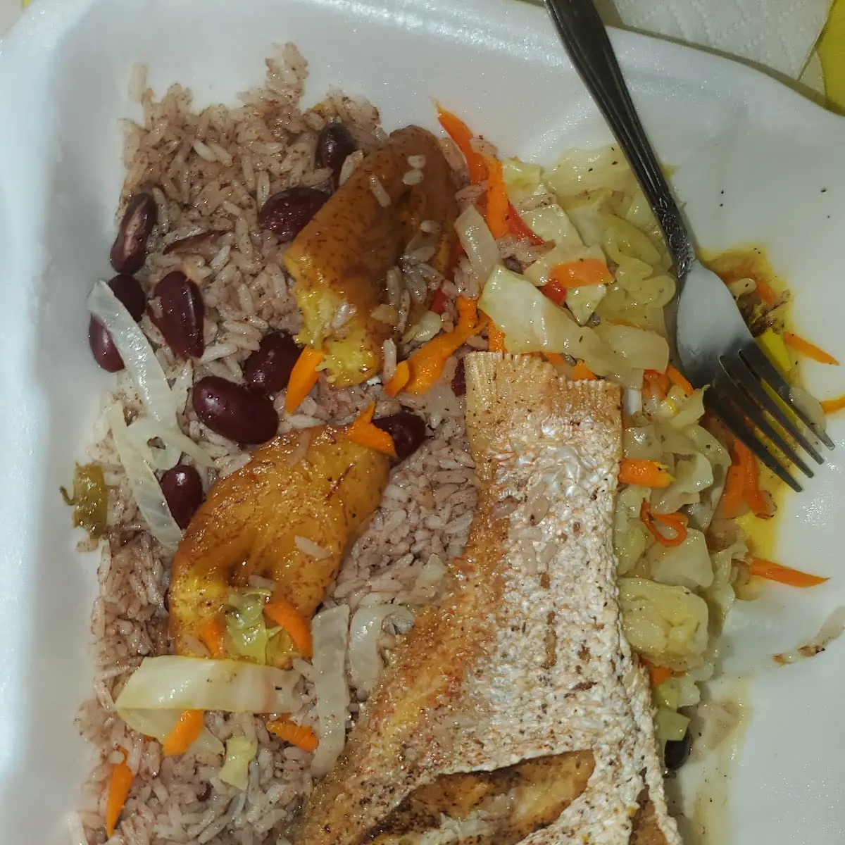 Fish Rice & Peas Plantains & Cabbage