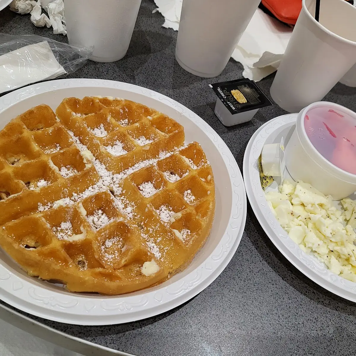 Belgian Waffle Scrambled Egg Whites Fruit Cup