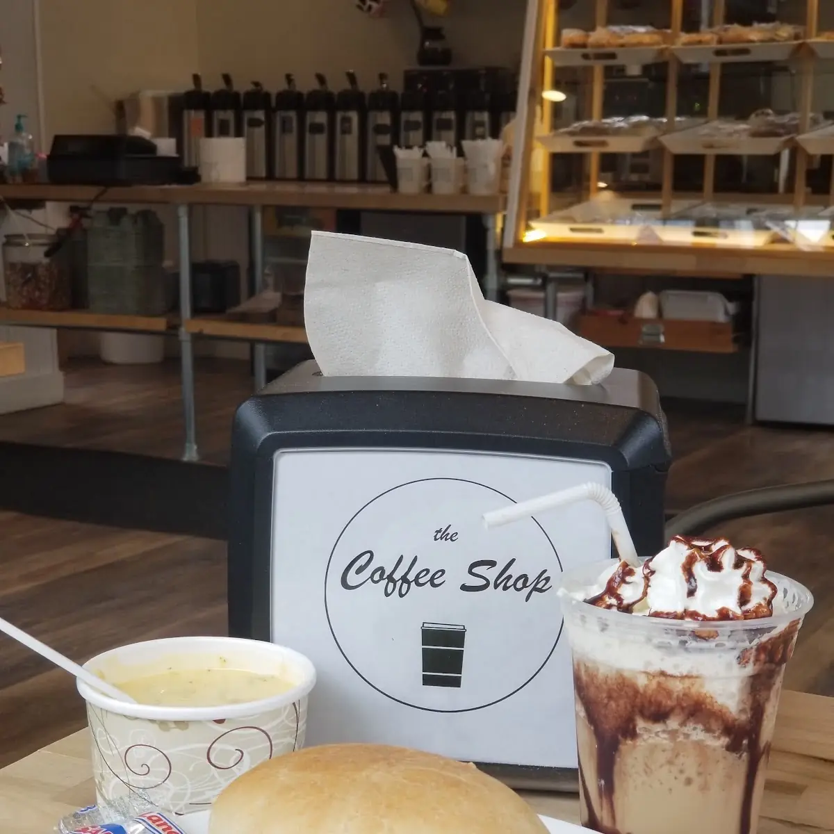 Black Angus Beef Burger with Cheddar Broccoli Soup and a Coconut Mocha Frappe