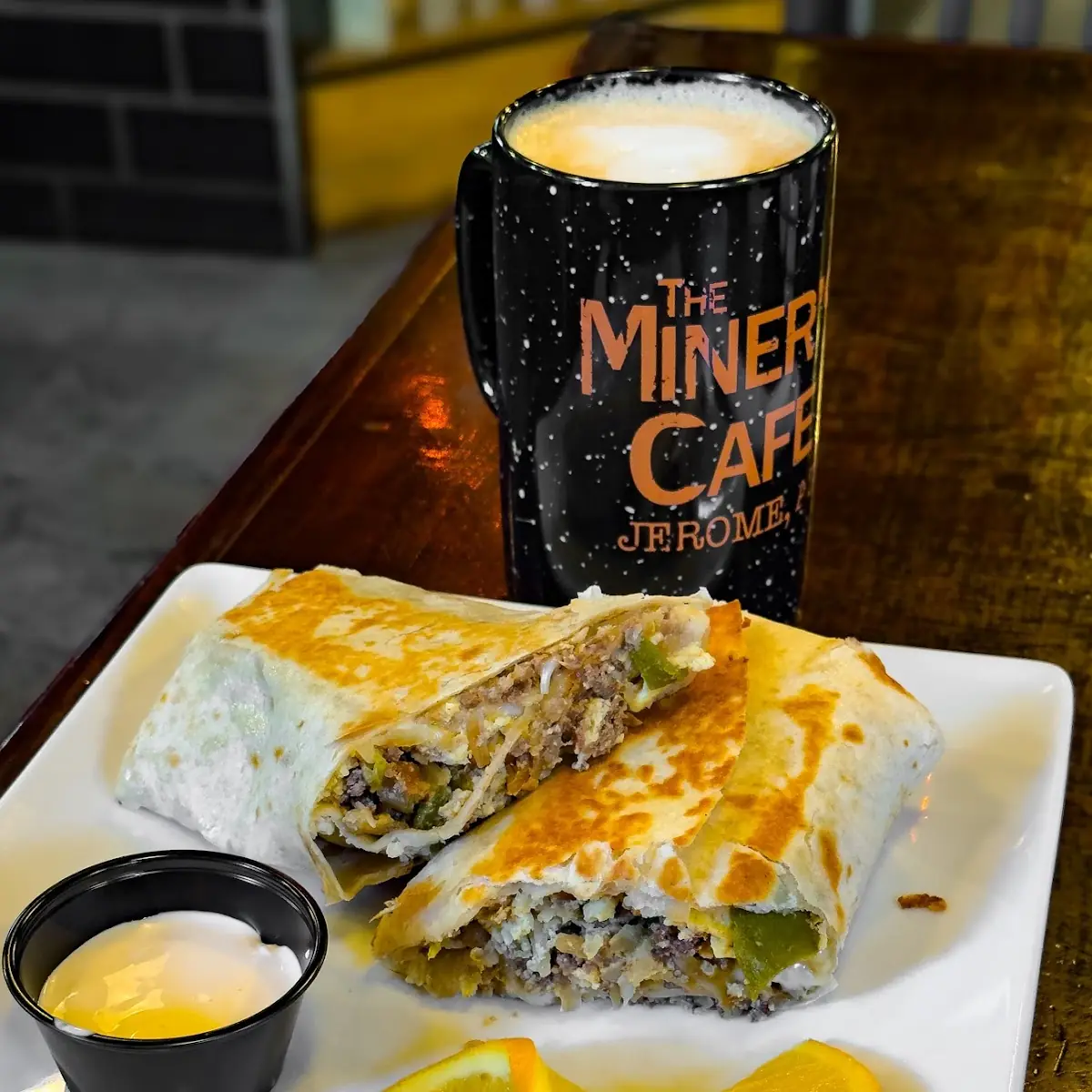 Chorizo Breakfast Burrito and Latte