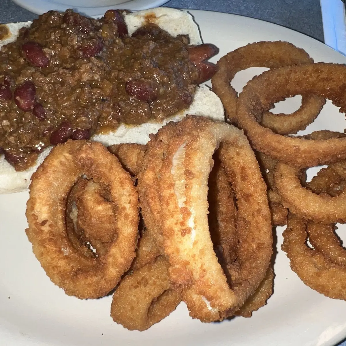 Chili Cheese Dog and Onion Rings