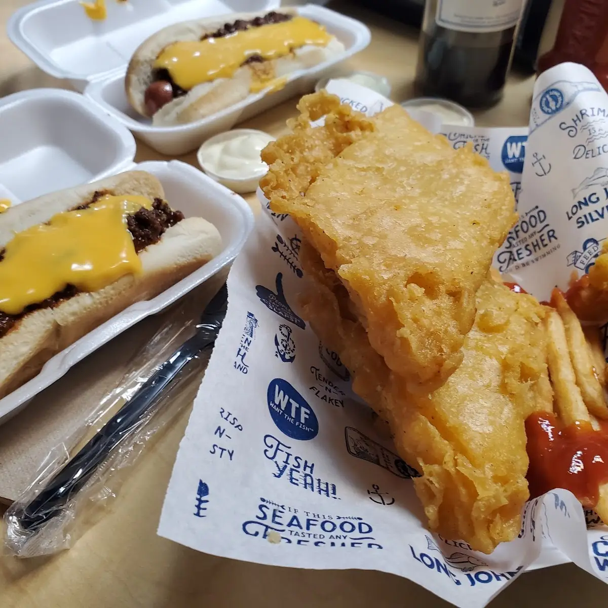 Fish and Chips with 2 Coney Cheese Dogs