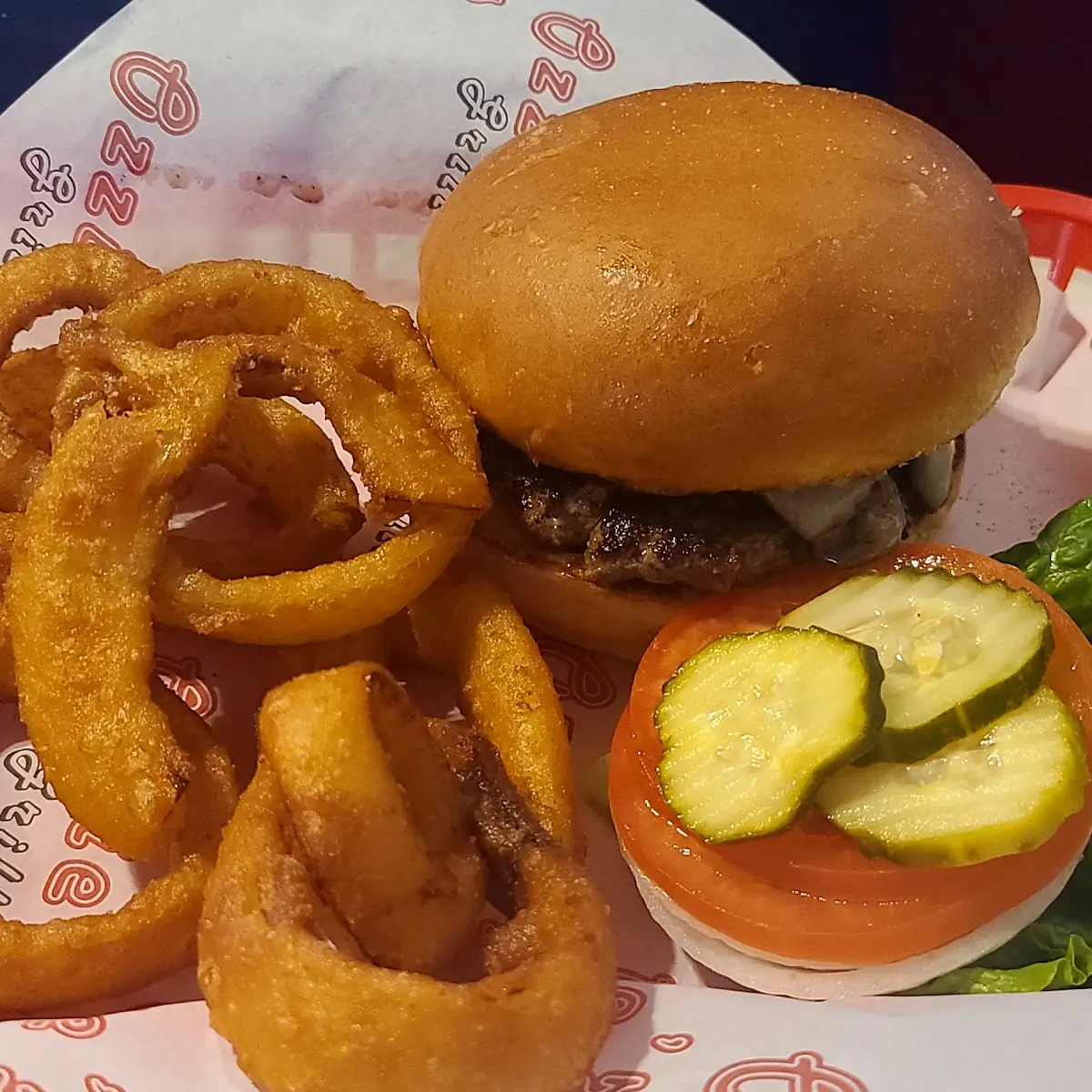 Mushroom Burger and Onion Rings