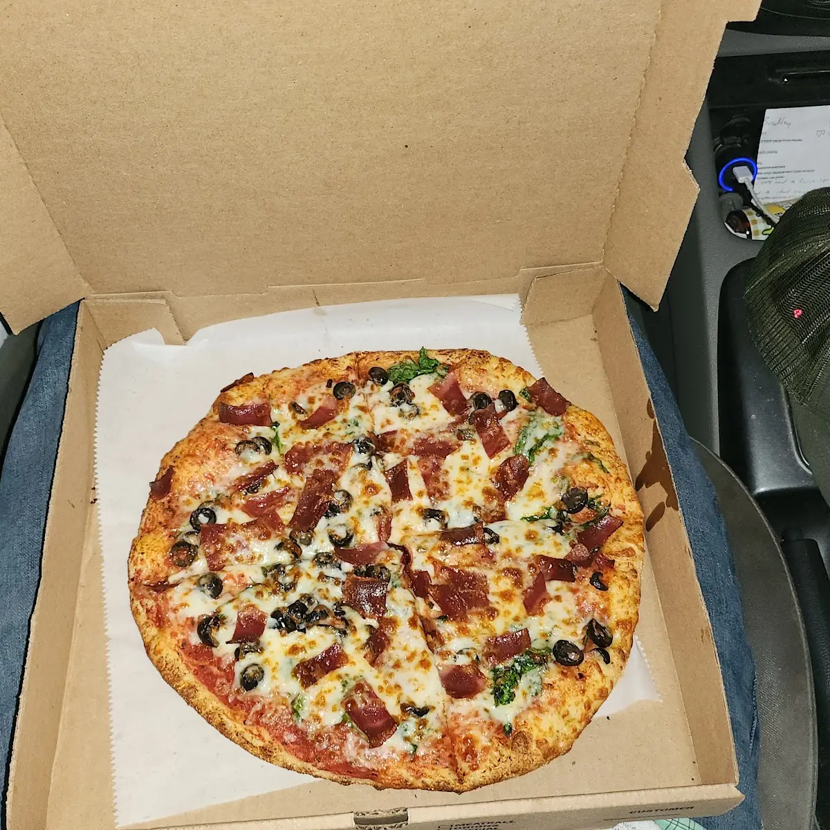 Bacon Spinach and Black Olive Pizza