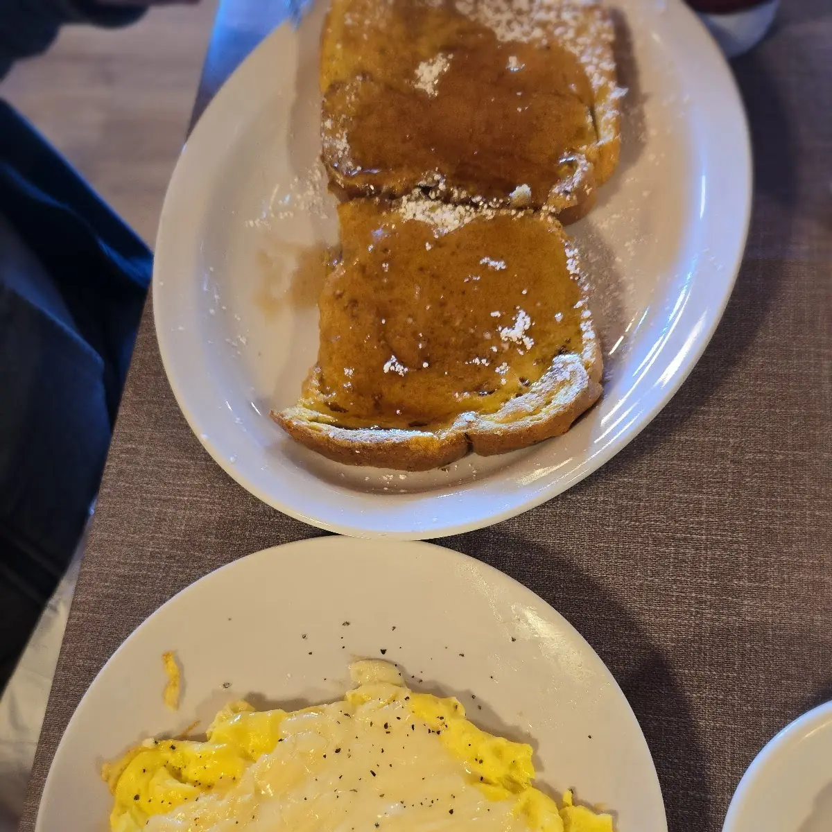 French Toast w Maple Syrup and Cheese Scrambled Eggs