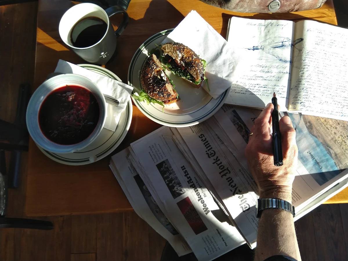 Bacon Cream Cheese Arugula and Jam Bagel with Red Beet Borscht Soup
