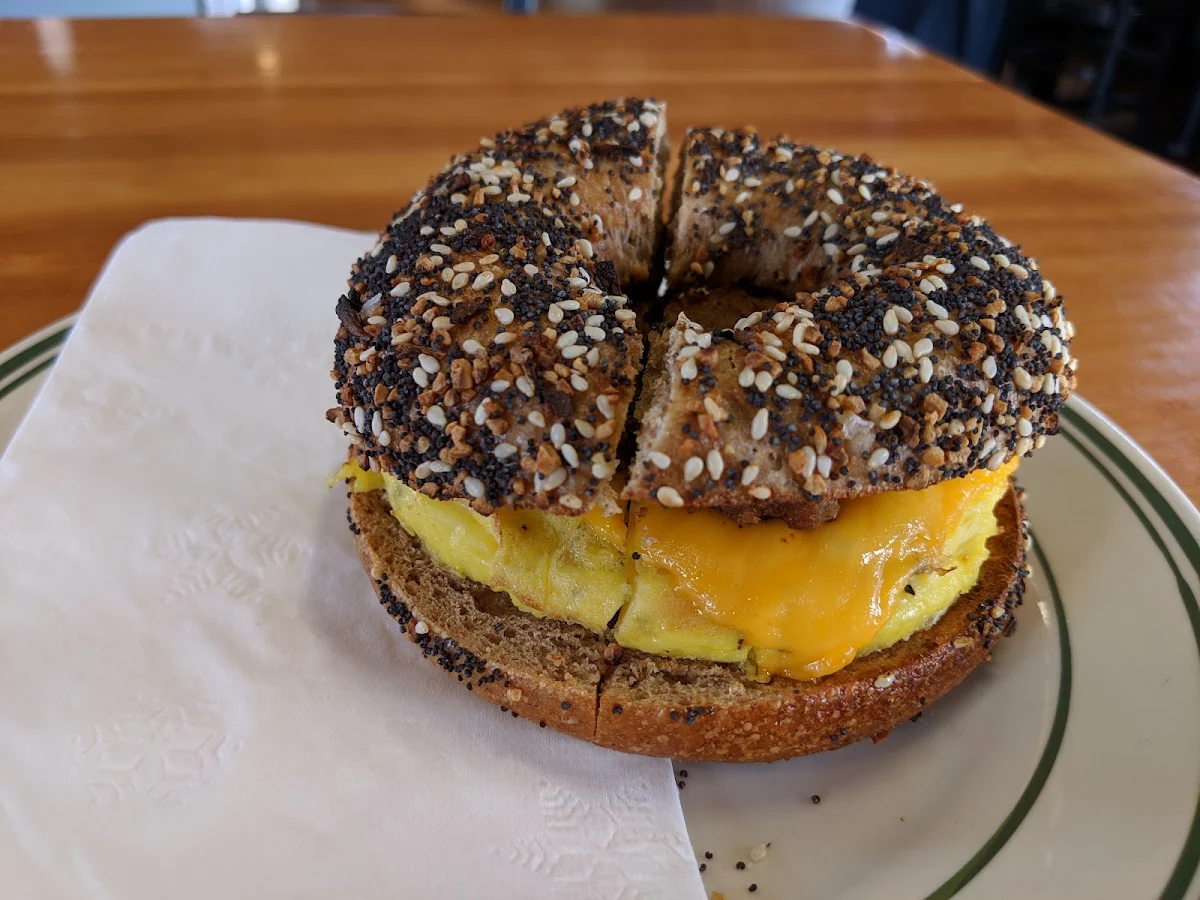 Veggie Sausage Egg and Cheddar on Multigrain Everything Bagel