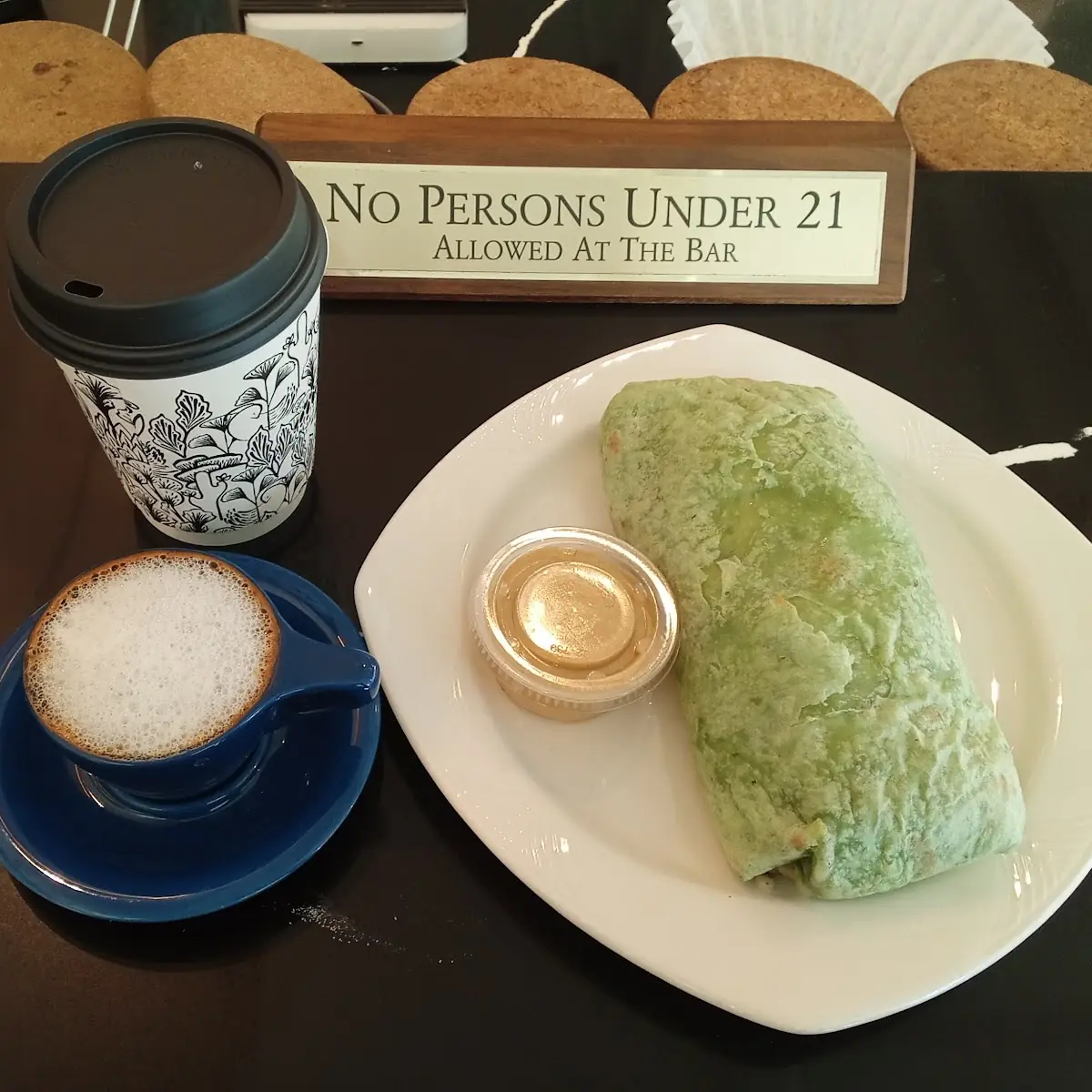 Alien Burrito with a Double Espresso with Foam Almond Milk