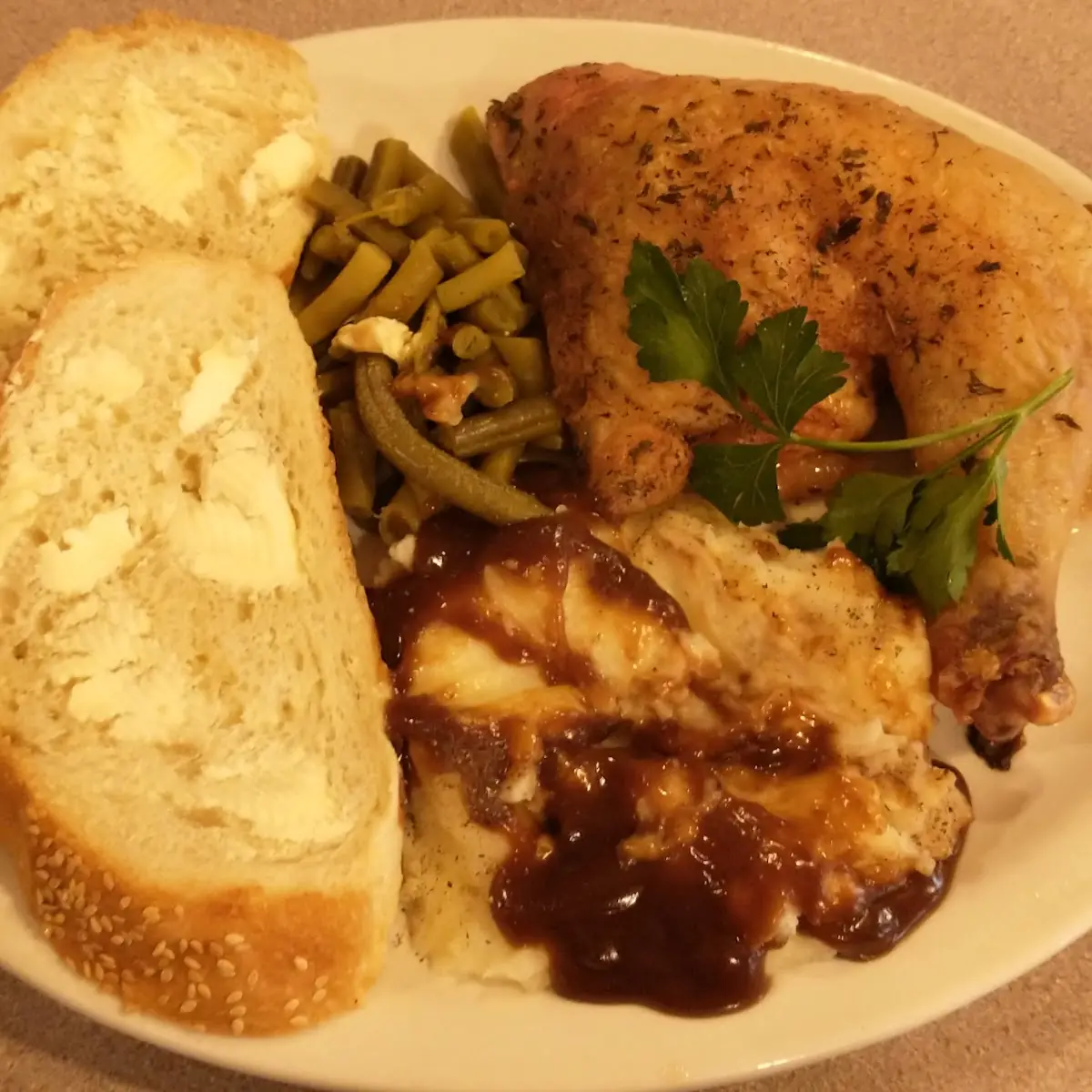 Chicken Dinner Potatoes Green Beans Gravy